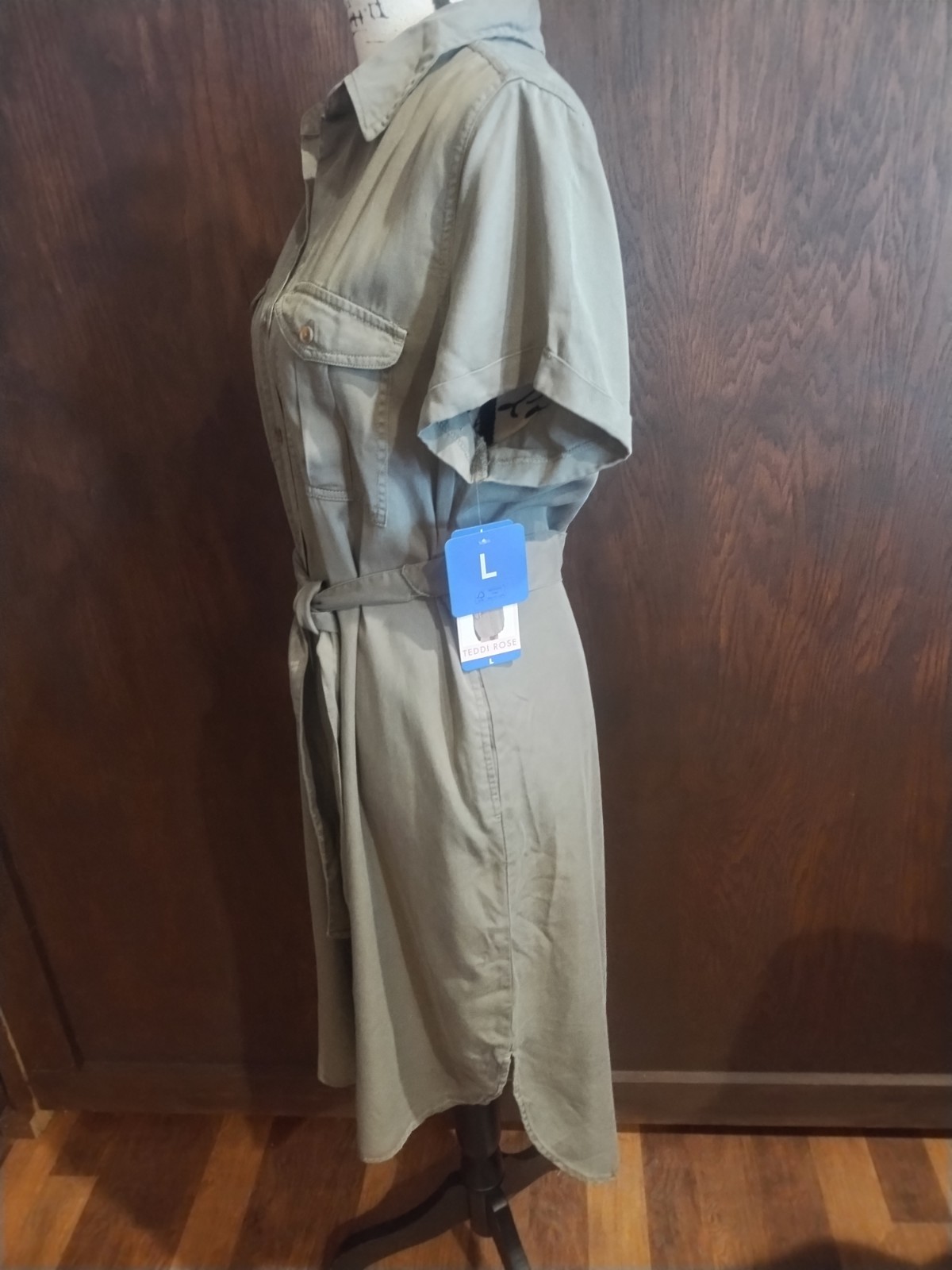 Teddi Rose Womens Olive Green Tencel Lyocell Utility Shirt Dress Tie Large NWT