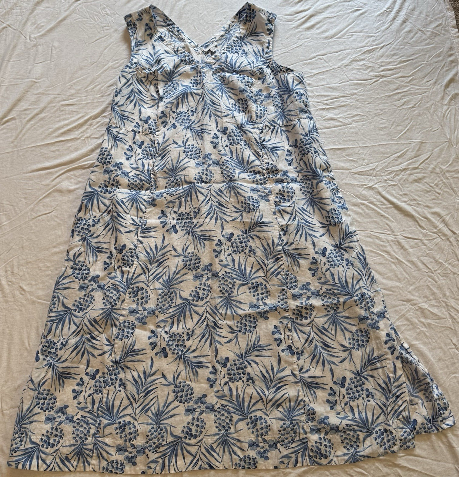 J. Jill Women’s Plus 3X Blue White Floral Linen V-Neck A-Line Midi Dress