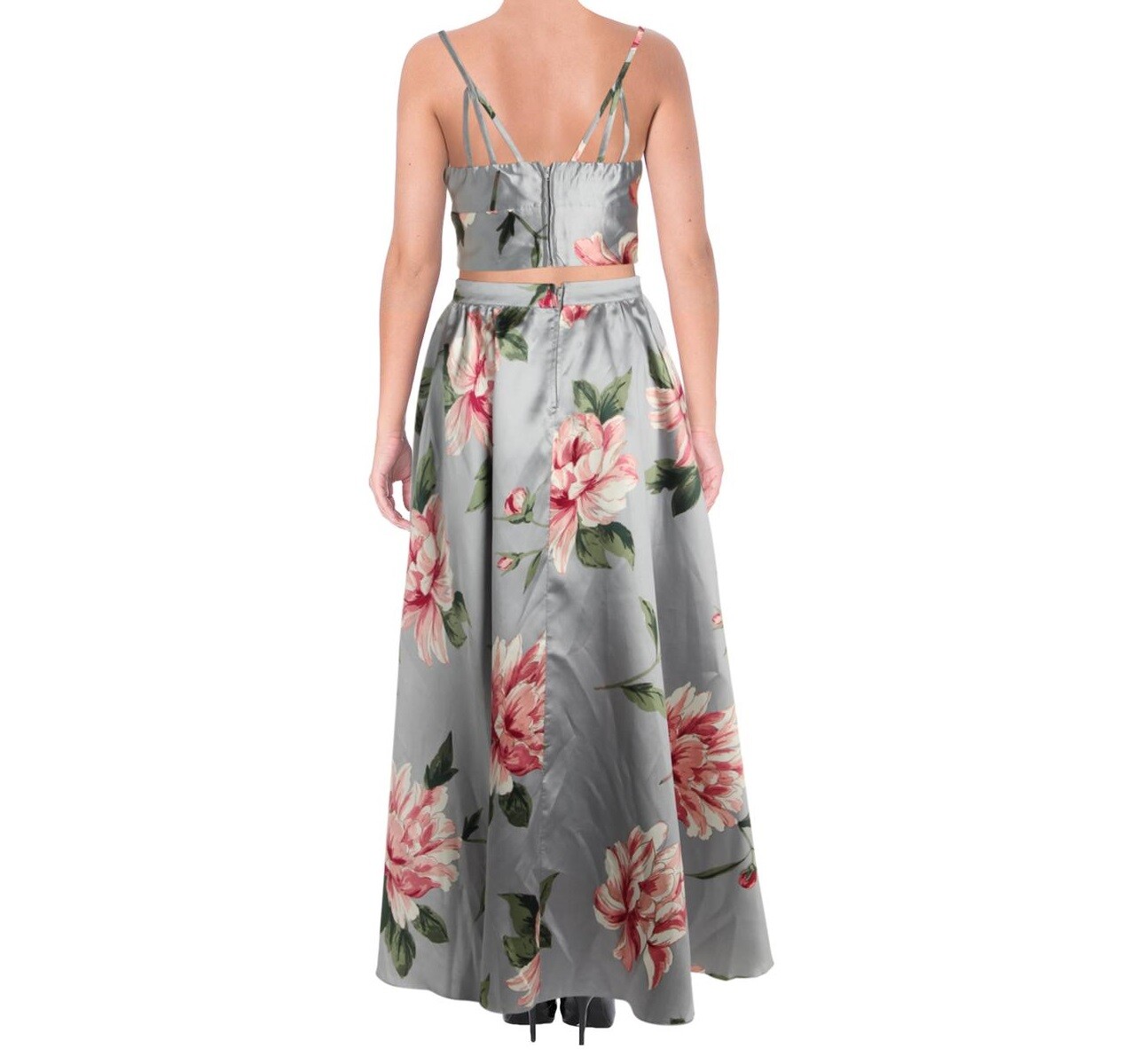 Speechless Junior Women 1 Silver Pink Blush 2 PC Satin Floral Crop Top Dress NWT