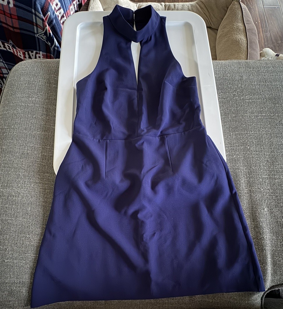 Express High Neck Blue Black V-Neck Lined Sleeveless Dress Lace Back Cutout 8