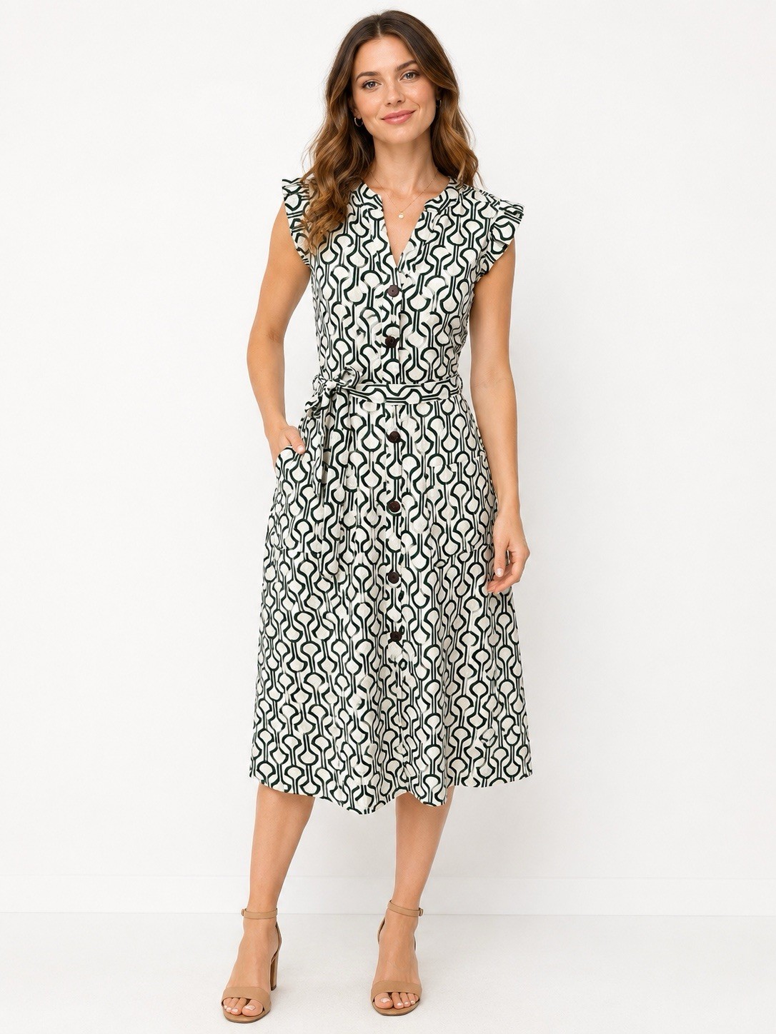 Monteau Los Angeles Women’s Dress Small Green White Geometric Print Tie Waist