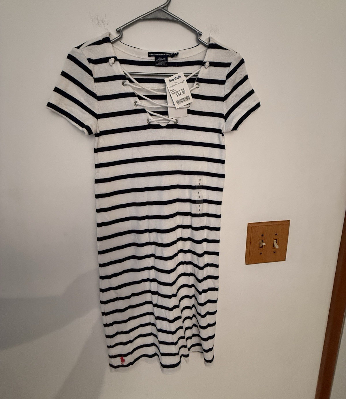 Ralph Lauren Sport Striped T-Shirt Dress S White Navy Knee Cotton Knit Stretch