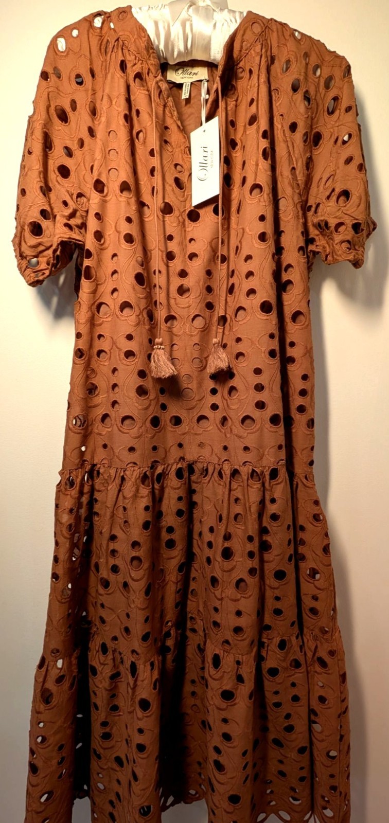NEW Ollari Brown Cotton Eyelet Maxi Dress, Size Medium