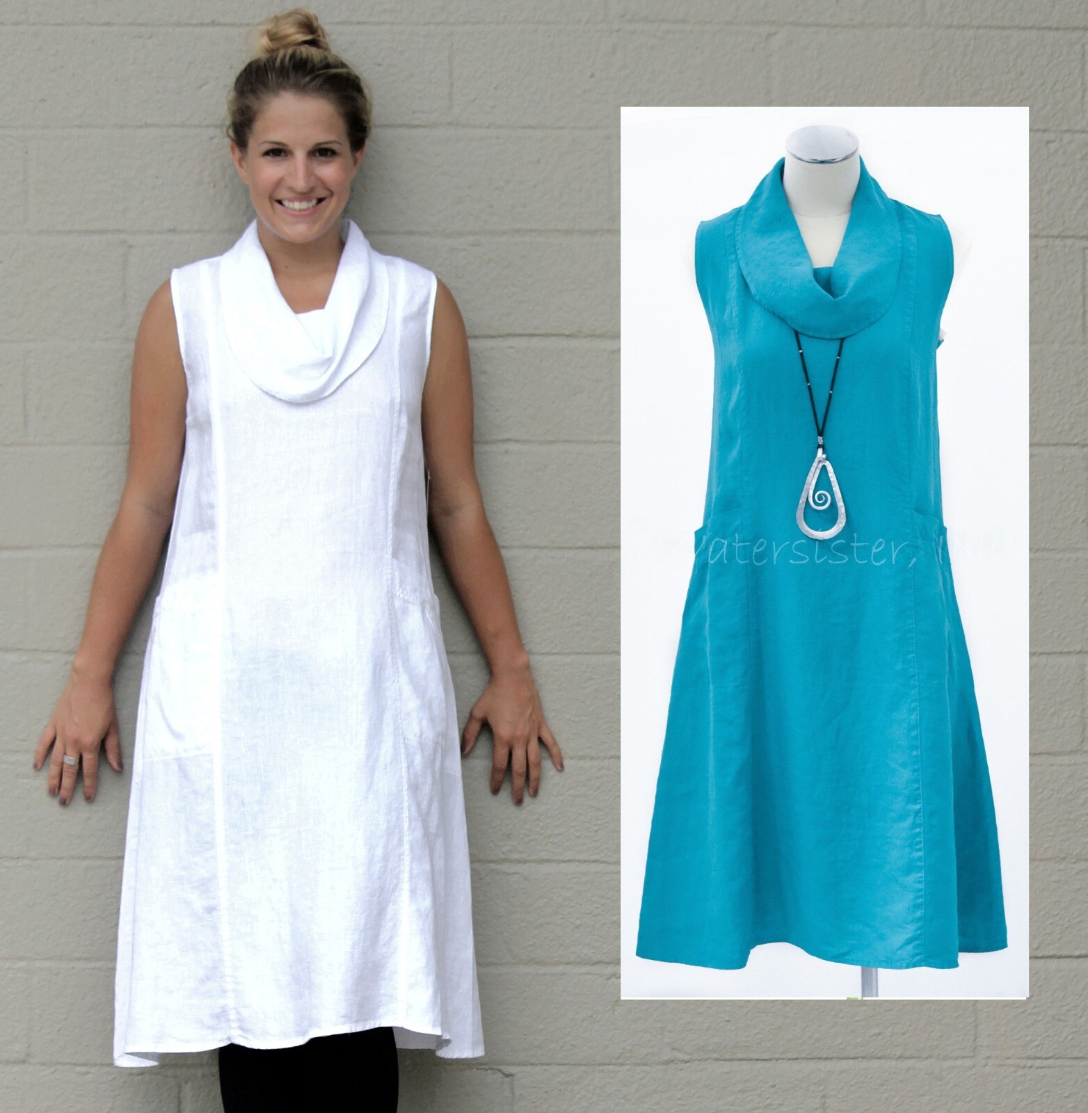 MOSAIC USA 610 Linen COWL NECK FAVORITE FROCK Pocket Dress S Small AQUA PURPLE