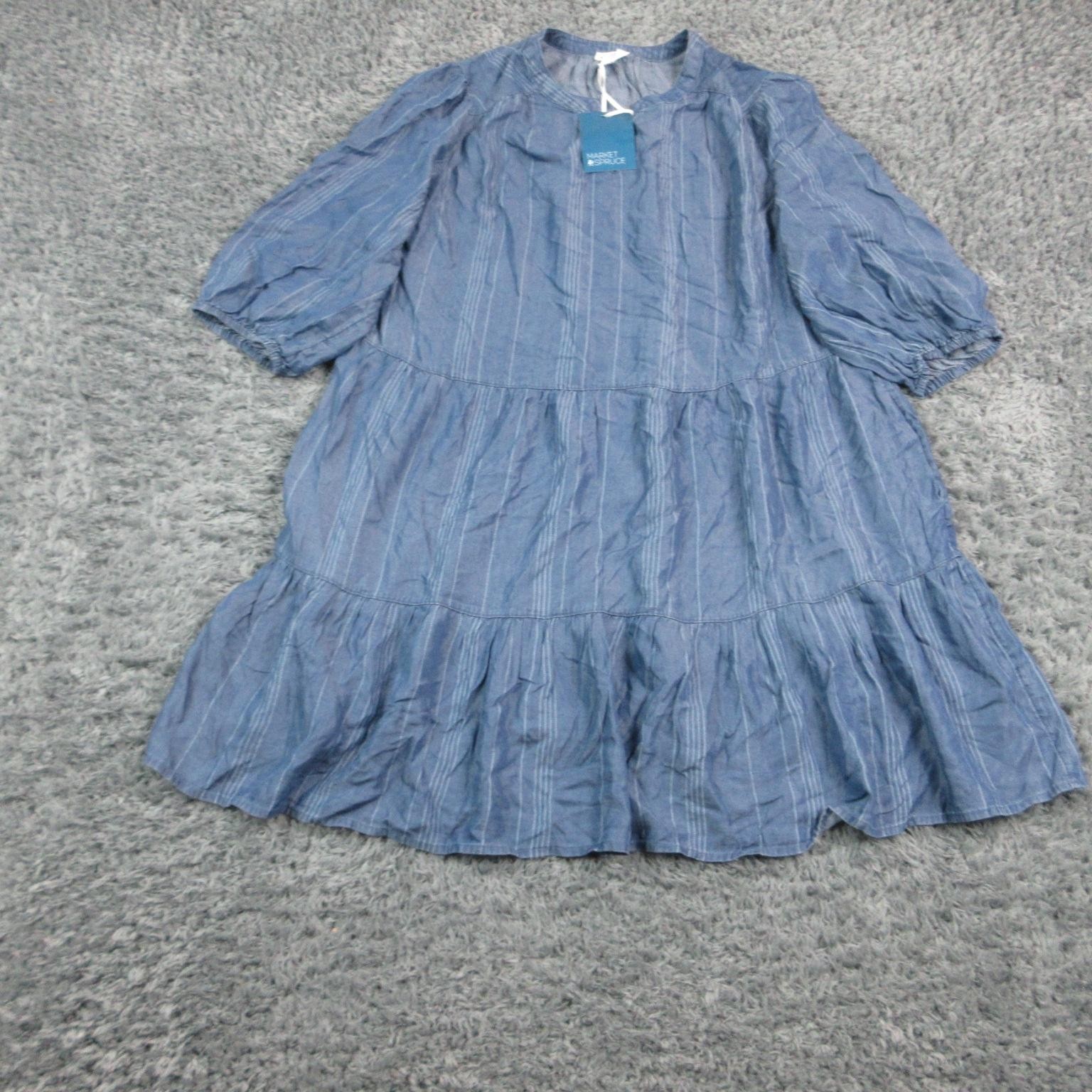 Market & Spruce Dress Womens 2X Blue Trapeze & Swing Midi 3/4 Puff Sleeve NWT