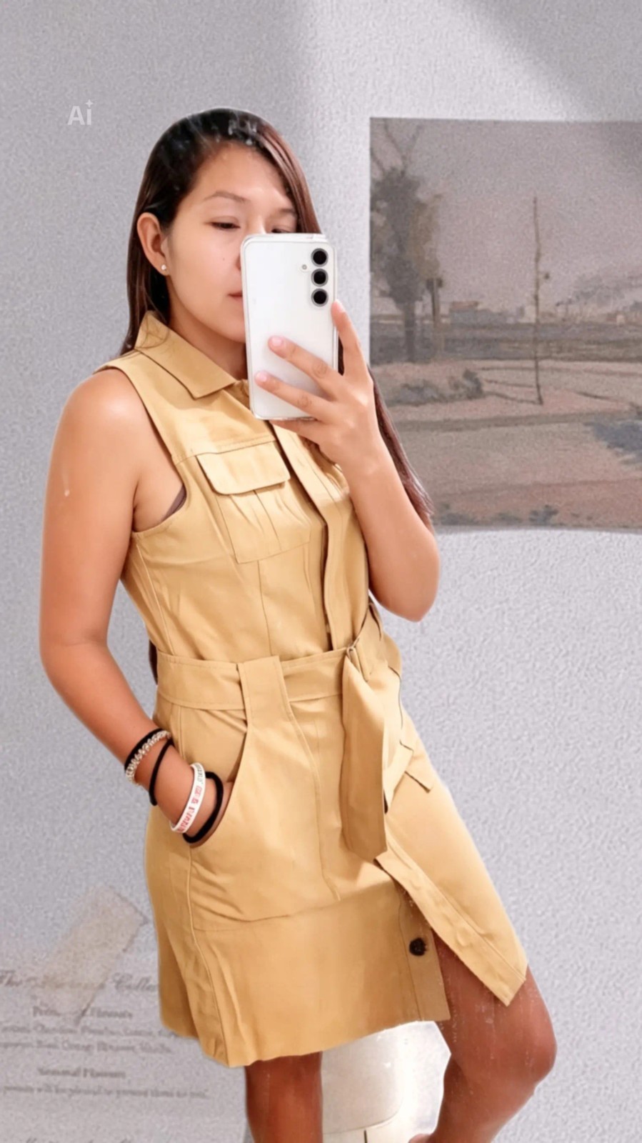 W Worthington Tan Button Front Dress With Belt And Pockets Size Large RN 93677
