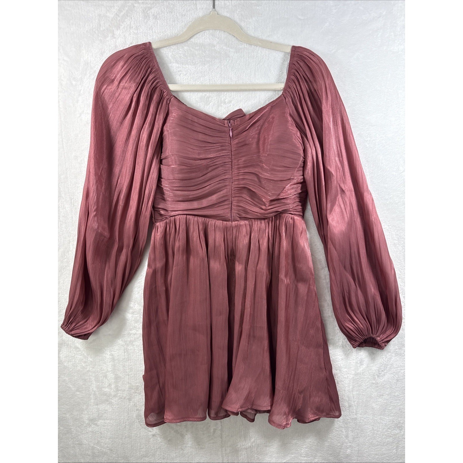 Lulus Mauve Pink Pleated Bow Front Balloon Sleeve Mini Dress Small New