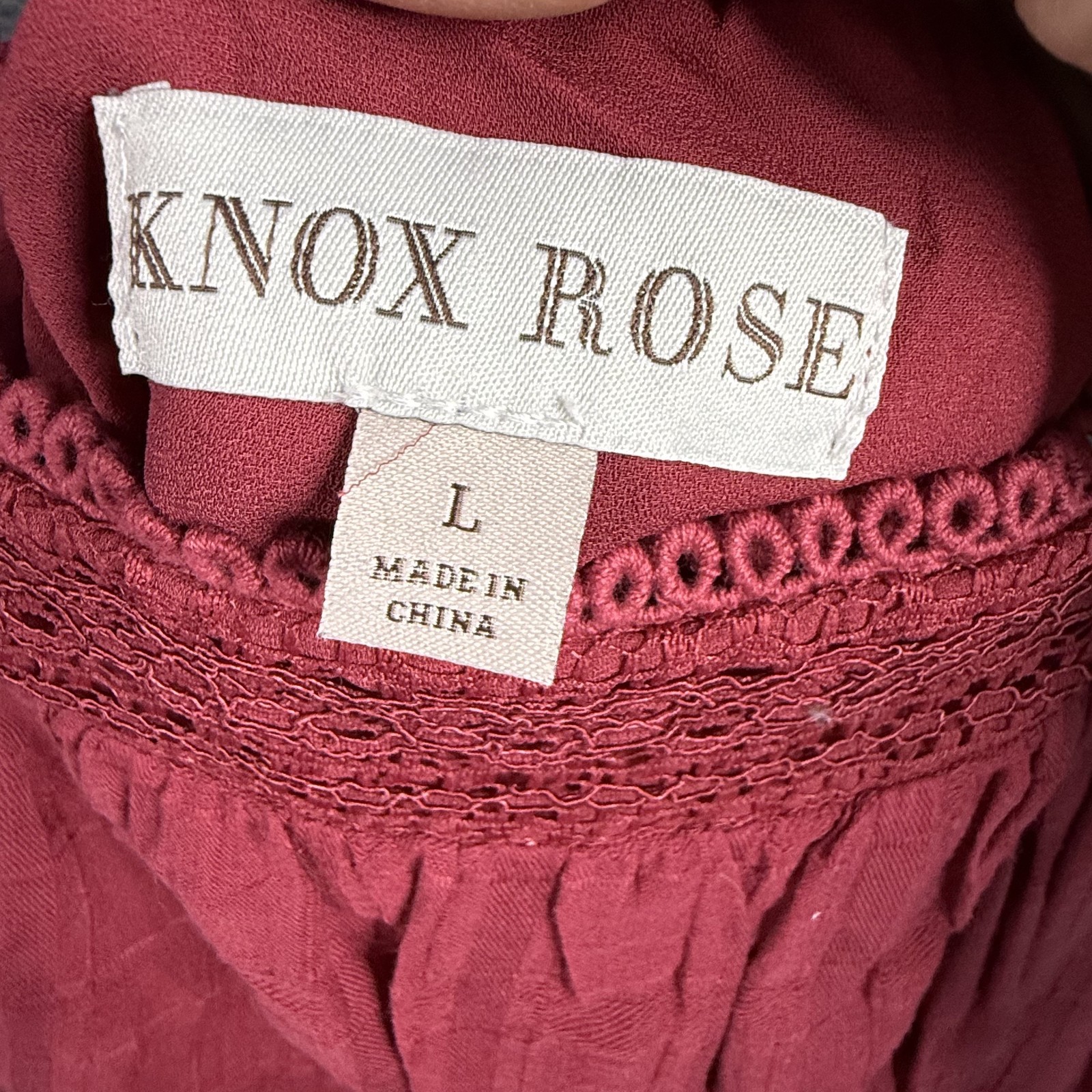 Knox Rose Women’s Rust Red Cotton Blend Crochet Lace Trim Ruffle Hem Mini Dress
