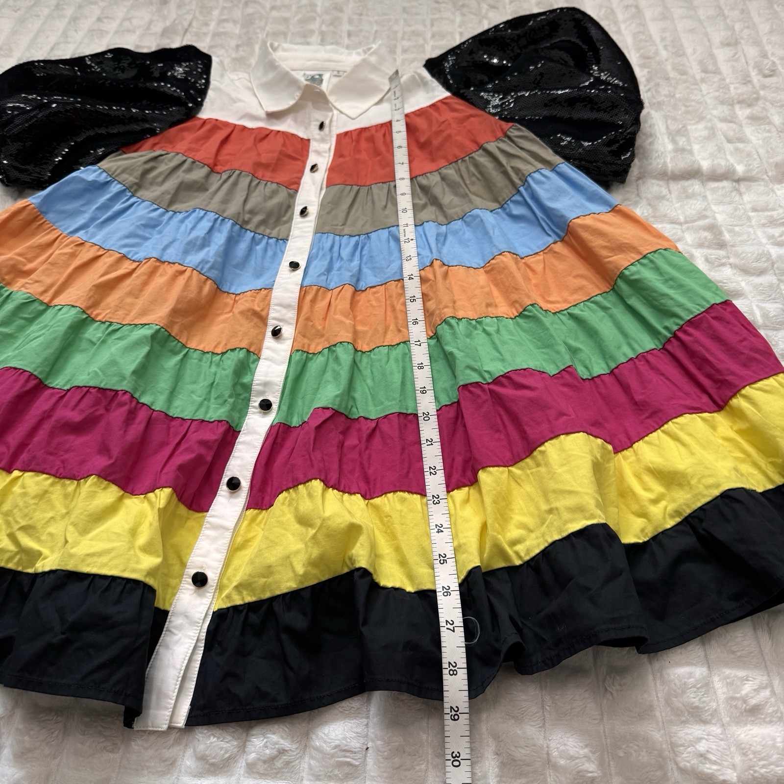QUEEN of SPARKLES Small Colorblock Stripe Tiered Mini Dress Sequin Puff Sleeves