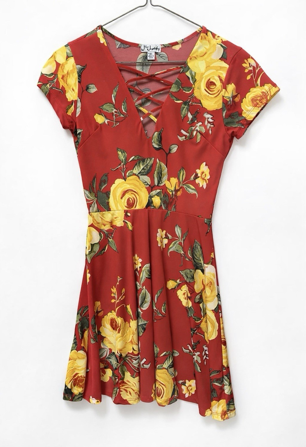 J for Justify Women’s S Fit & Flare V-Neck Cap Sleeve Floral Dress Stretch