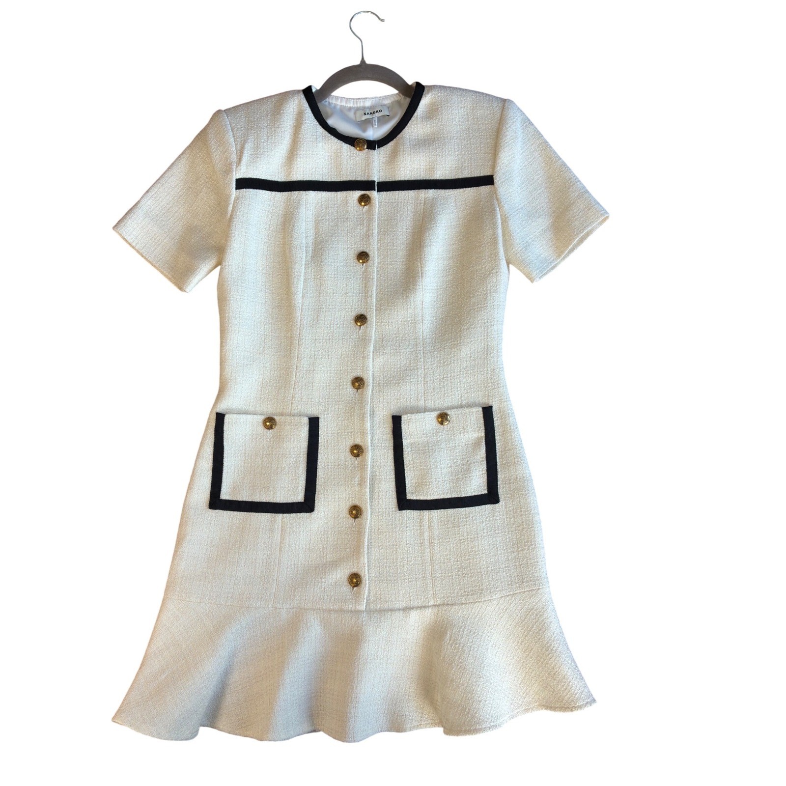 Sandro Paris Ecru Tweed Mini Dress Contrast Trim Gold Buttons SFPRO02890 Size 1
