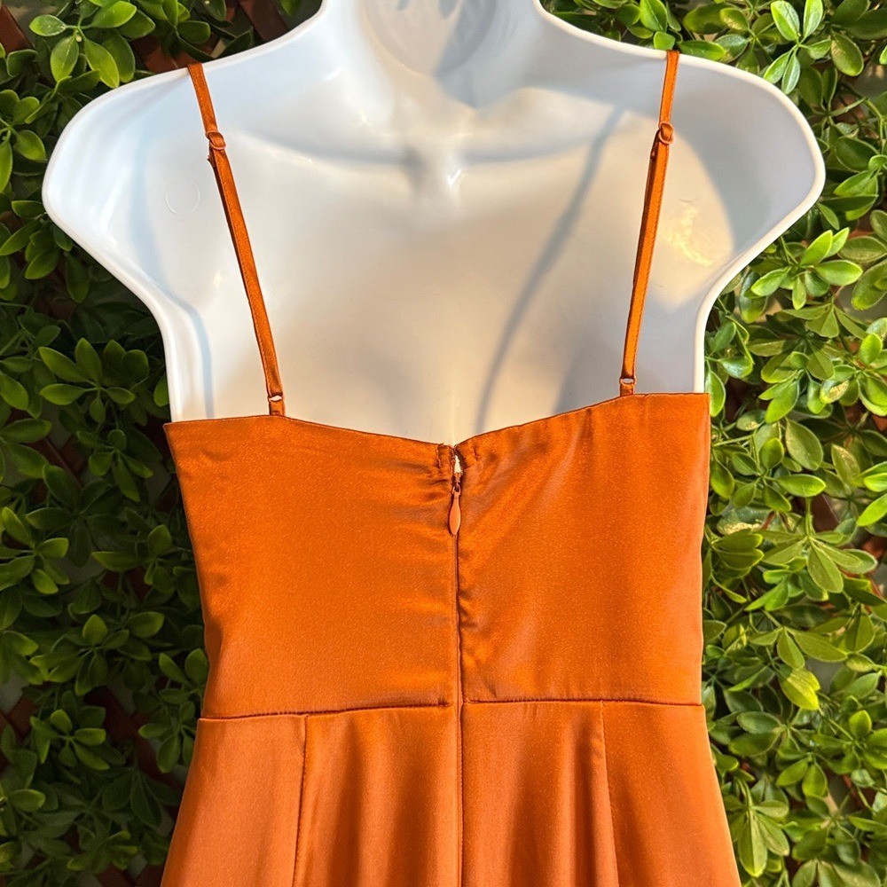 Luxurious Marvel Rust Orange Satin Ruched Column Dress