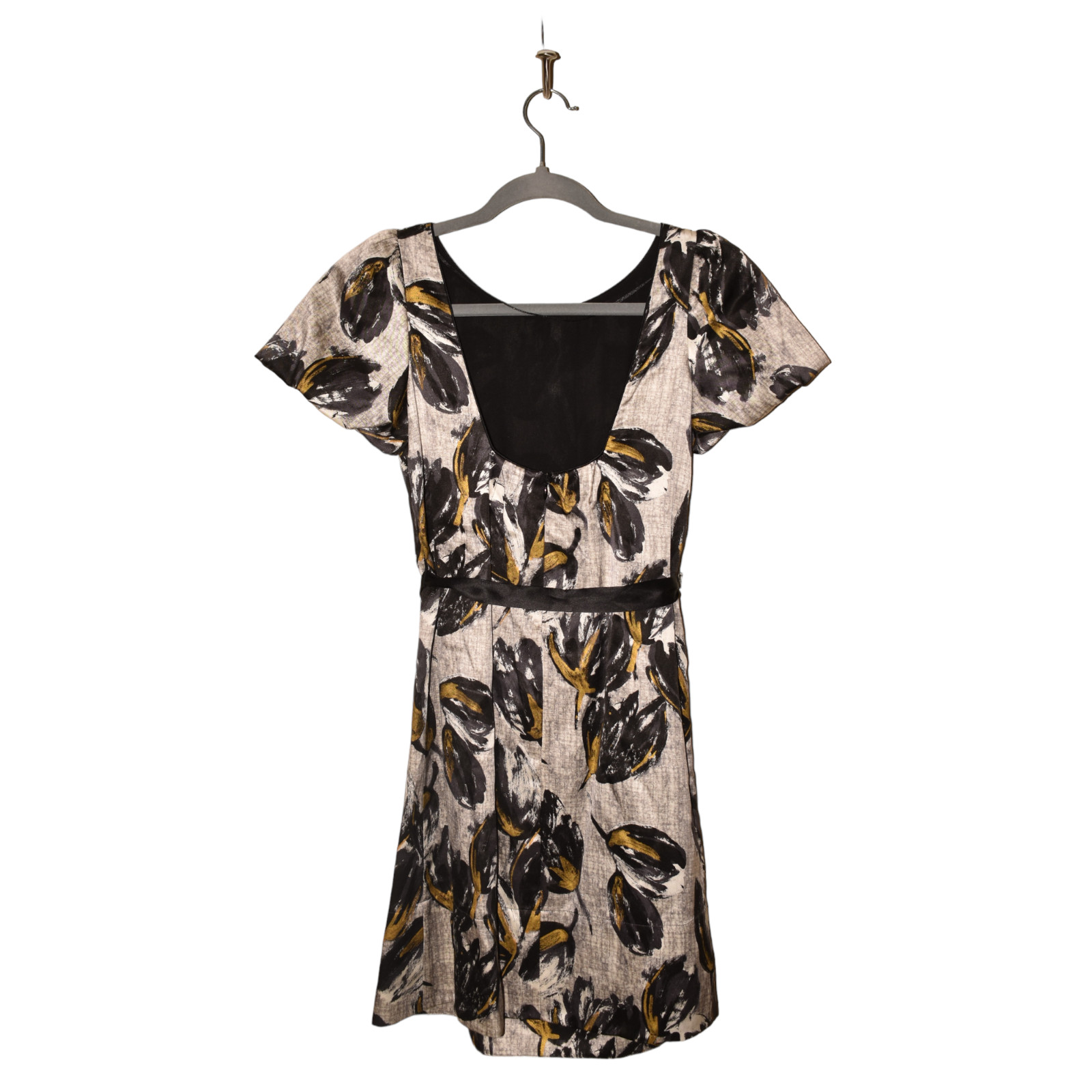 REBECCA TAYLOR $395 Pleated Neck Puff Sleeve Printed Silk Dress Gray Size 2