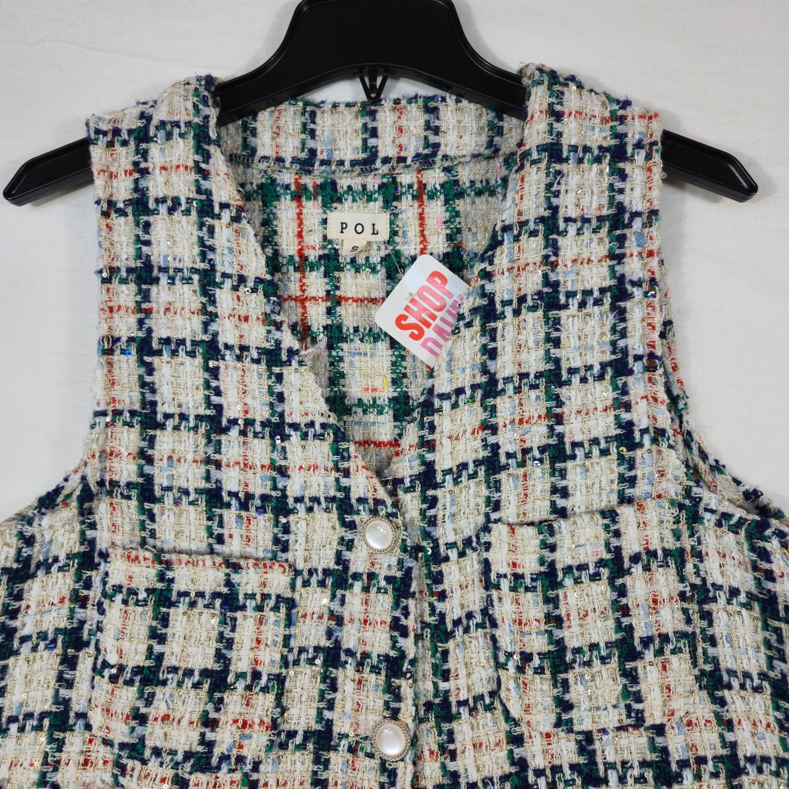 Pol Mini Dress Womens Small Multi Plaid Pleated V Neck Sleeveless Button Front