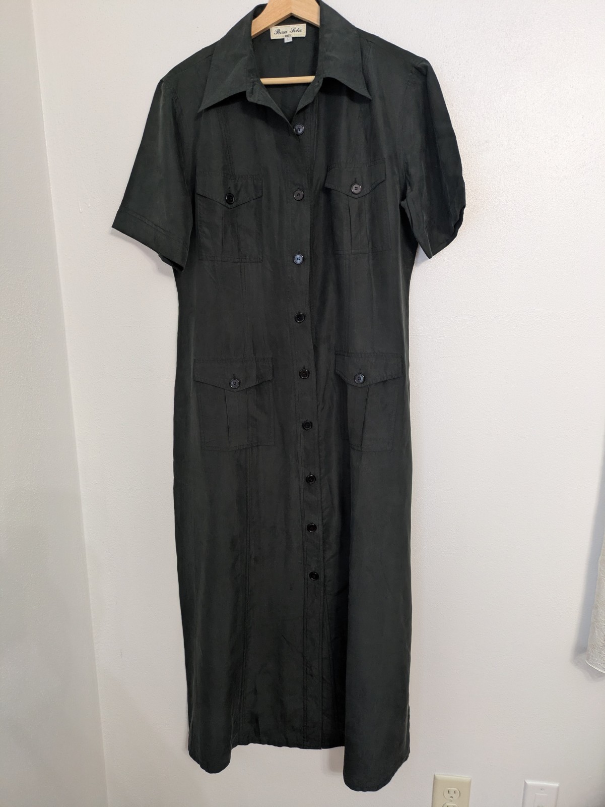 Pura Seta 100% Silk Black Button Front Collared Maxi Shirt Dress L Pockets