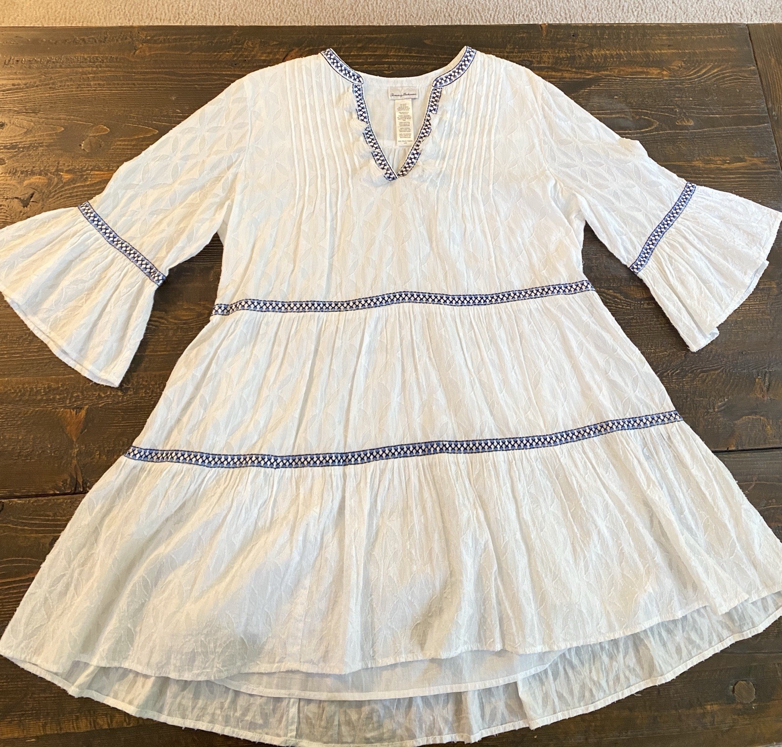 Tommy Bahama White Embroidered Tiered Cotton Dress Size Large