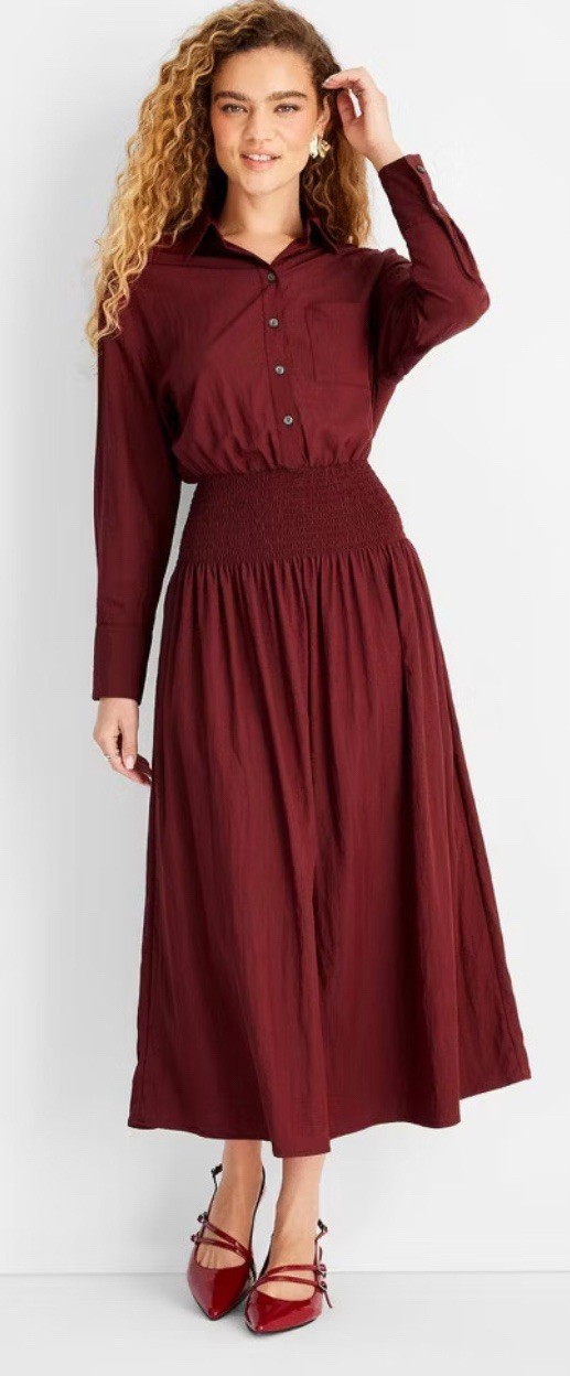 Women’s Collared Long Sleeve Smocked Midi Shirtdress – Future Collective Sz S