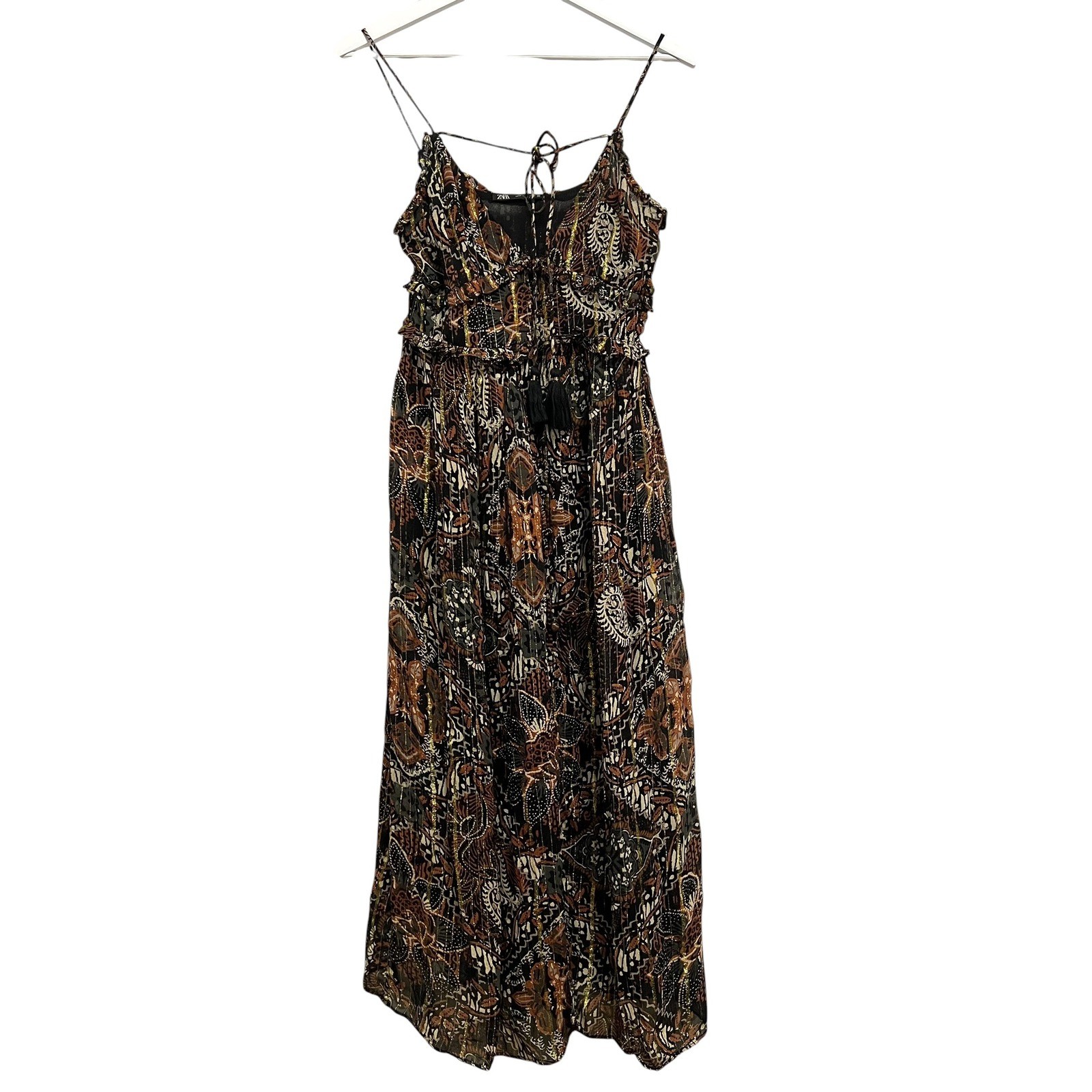 ZARA Maxi Dress Womens XS Black Brown Gold Metallic Paisley Boho Ruffle Tassel
