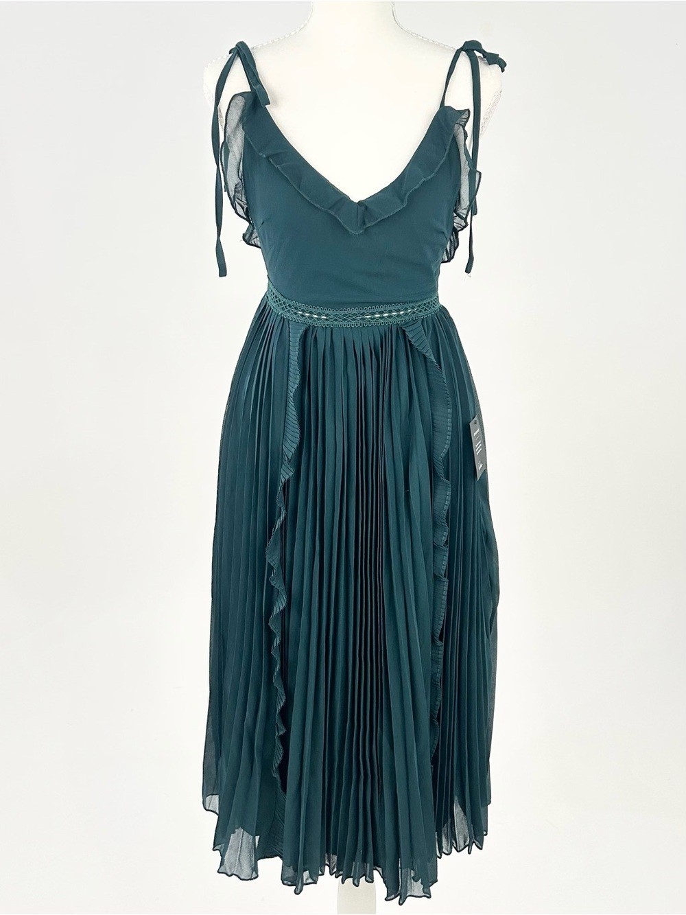 Lulus NWT Teal Pleated Chiffon Midi Dress Ruffle Tie Strap Cottagecore XXS