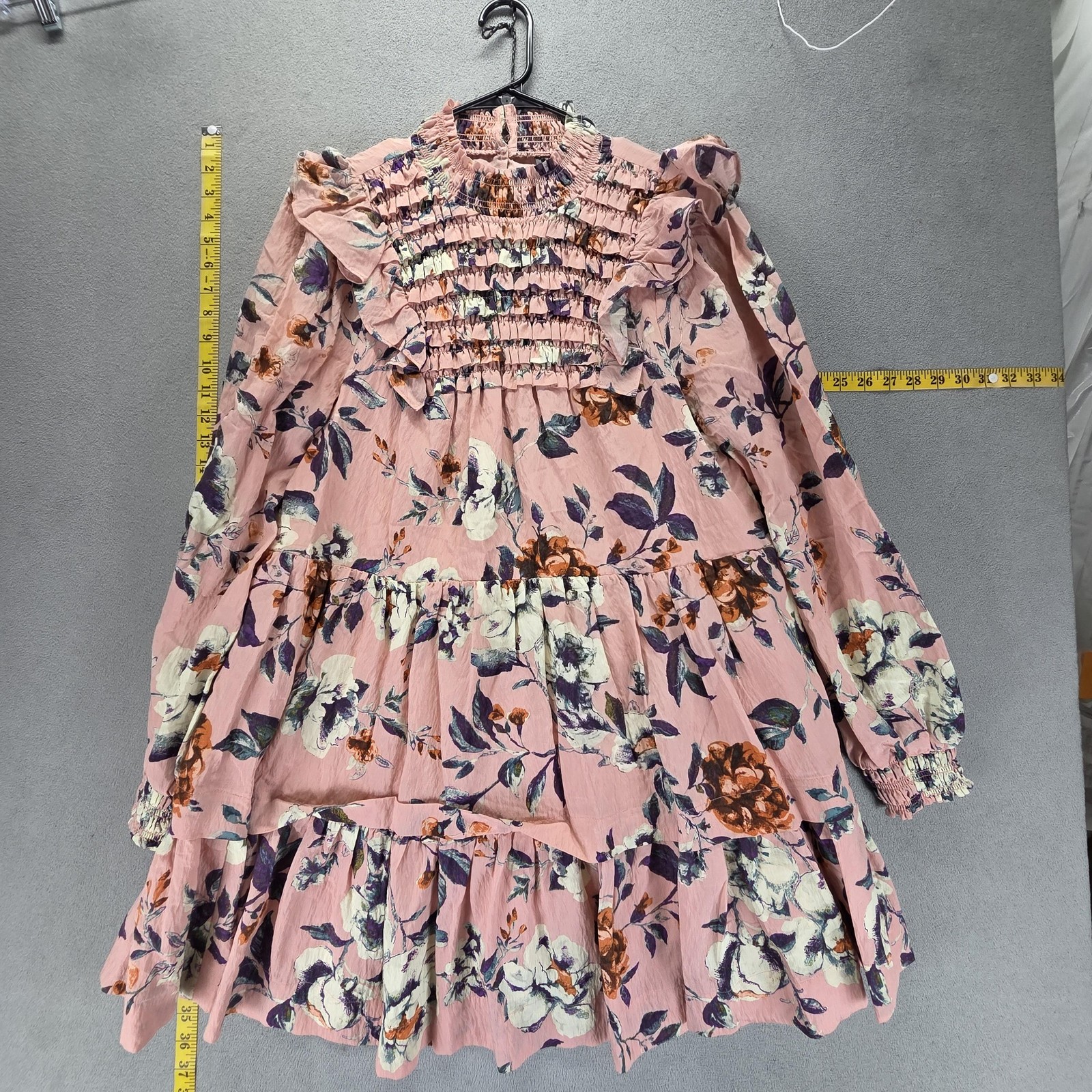 Anthropologie Dress Womens Medium Pink Long Sleeve Mini Floral High Neck Smocked