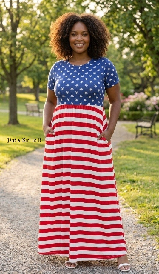 USA New Boho Plus Size Women’s Soft American Flag Stars Maxi Dress Pockets 1X 2X