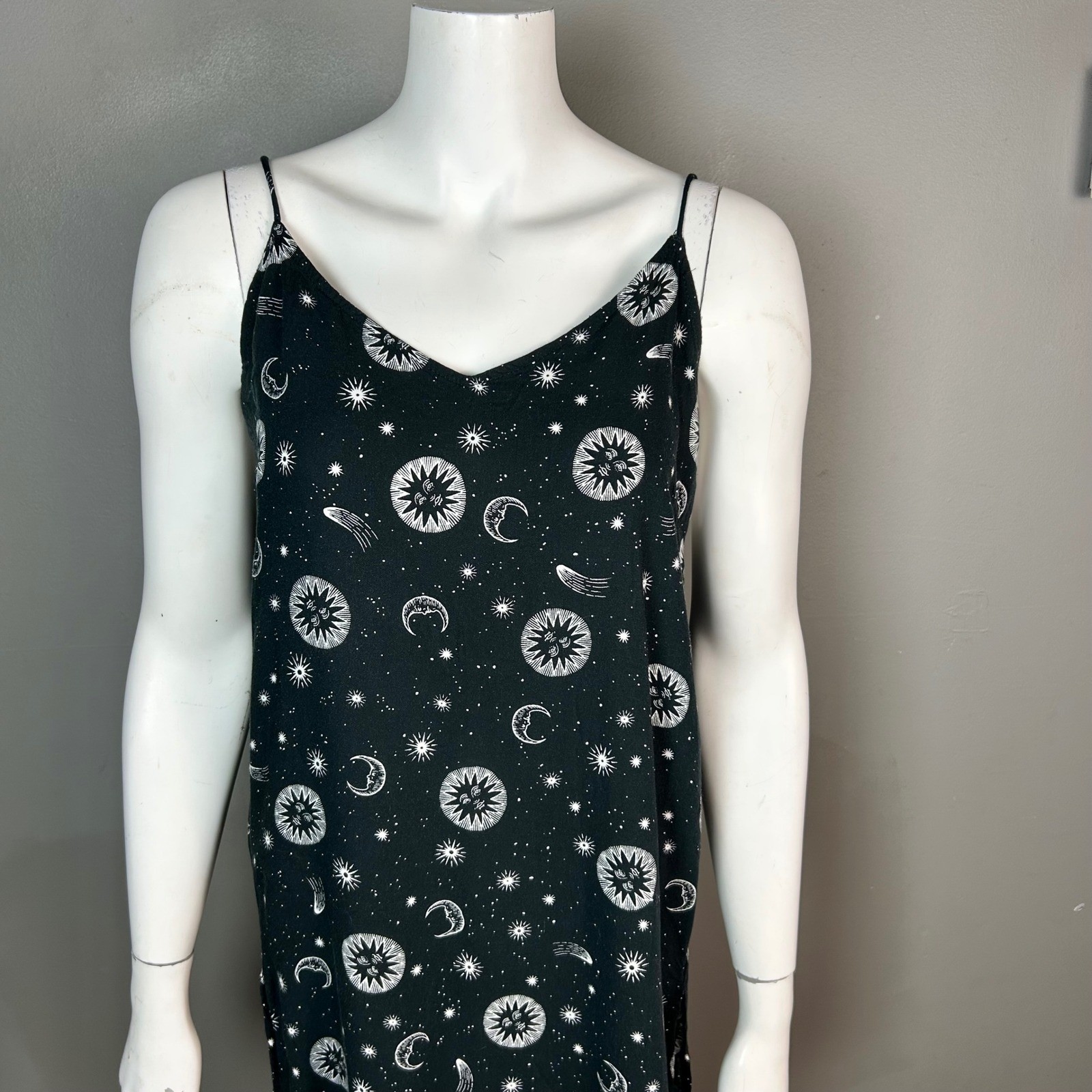 VTG Celestial Witchy Slip Dress Large Motel Black Moon Stars Maxi 90s Open Back