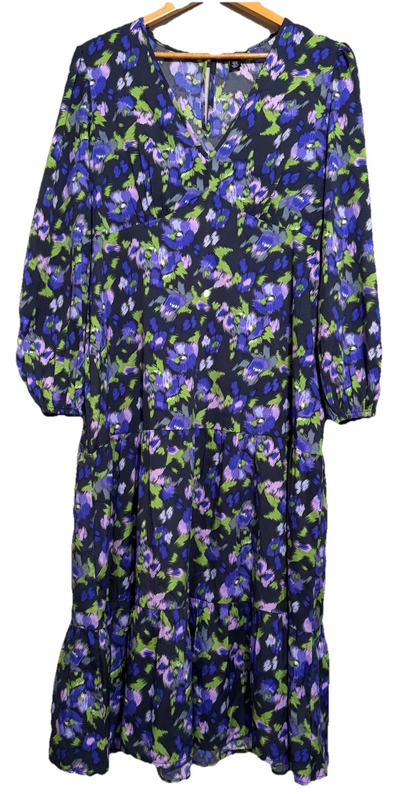 boohoo Maxi Dress Womens 10 Tier Ruffle Watercolor Long sleeve Artsy Art To Wear