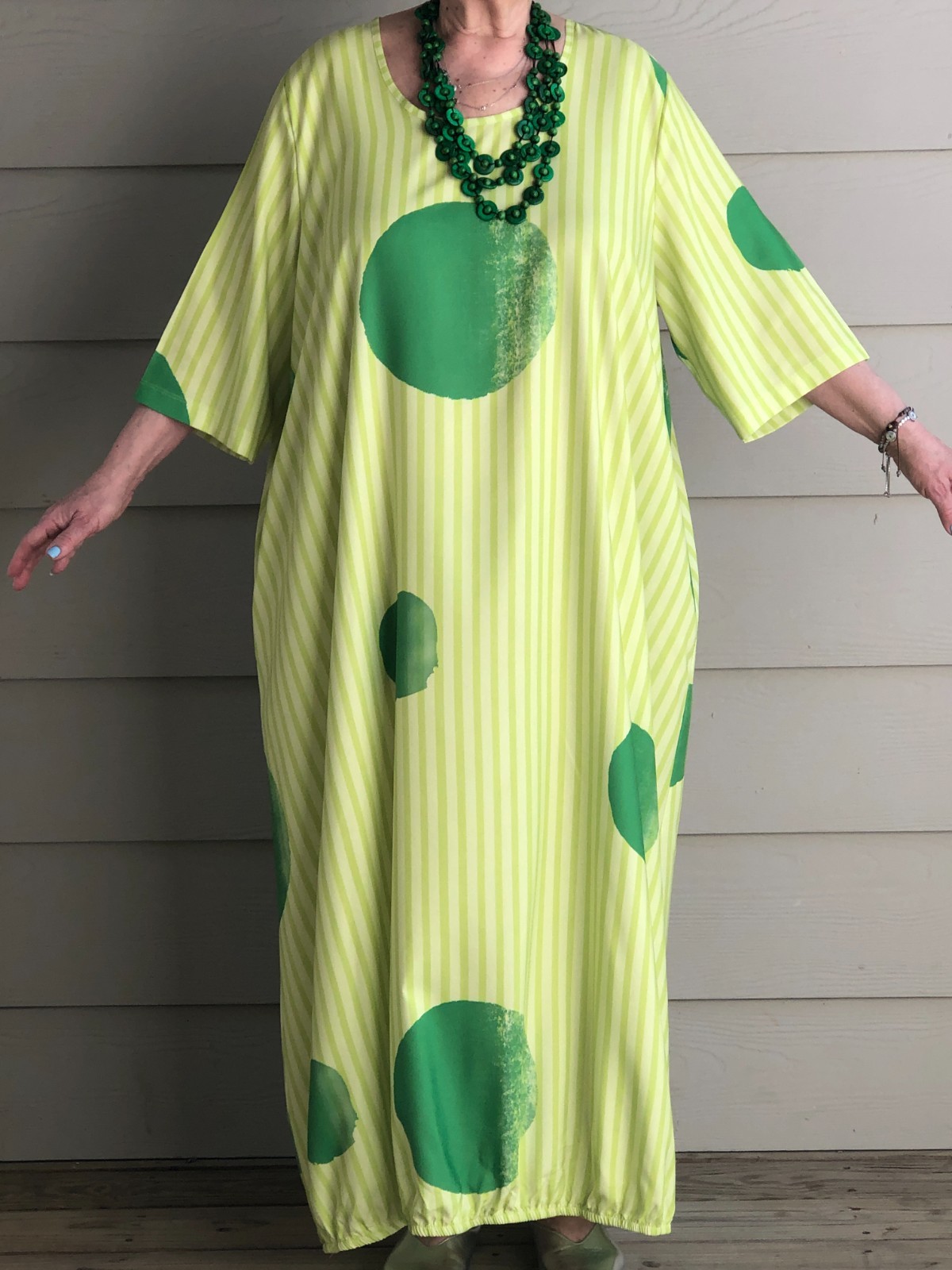 Green Polka Dot Bubble Dress Asymmetric Lagenlook Artsy Boho OSFM +Necklace