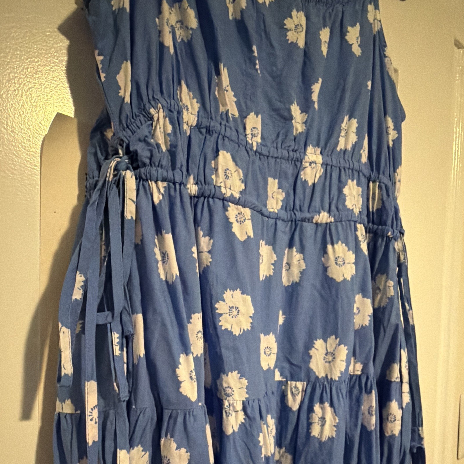 Blue Floral Daisy Print Spaghetti Strap Midi Dress Fitted Bodice | Cottagecore