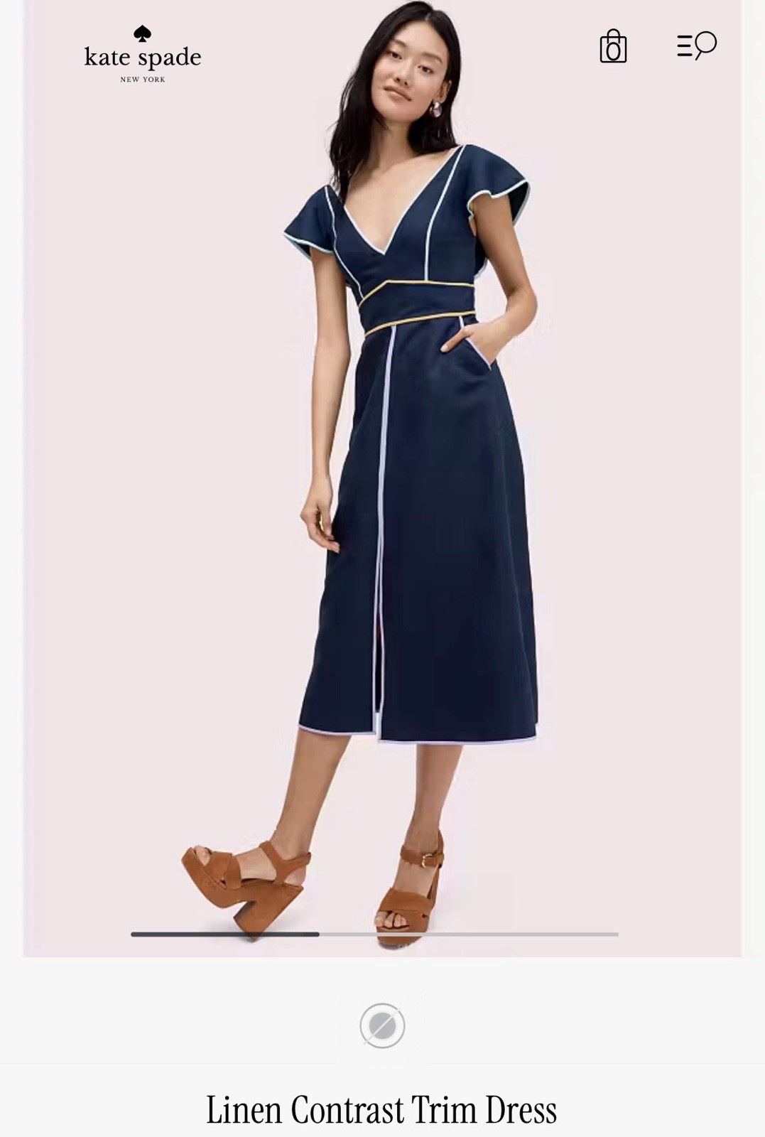 kate spade new york Silk Linen Contrast Trim V-Neck Flutter Midi Dress 6 Navy