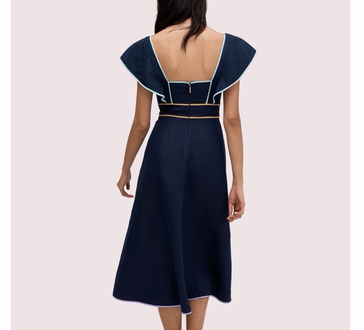 kate spade new york Silk Linen Contrast Trim V-Neck Flutter Midi Dress 6 Navy