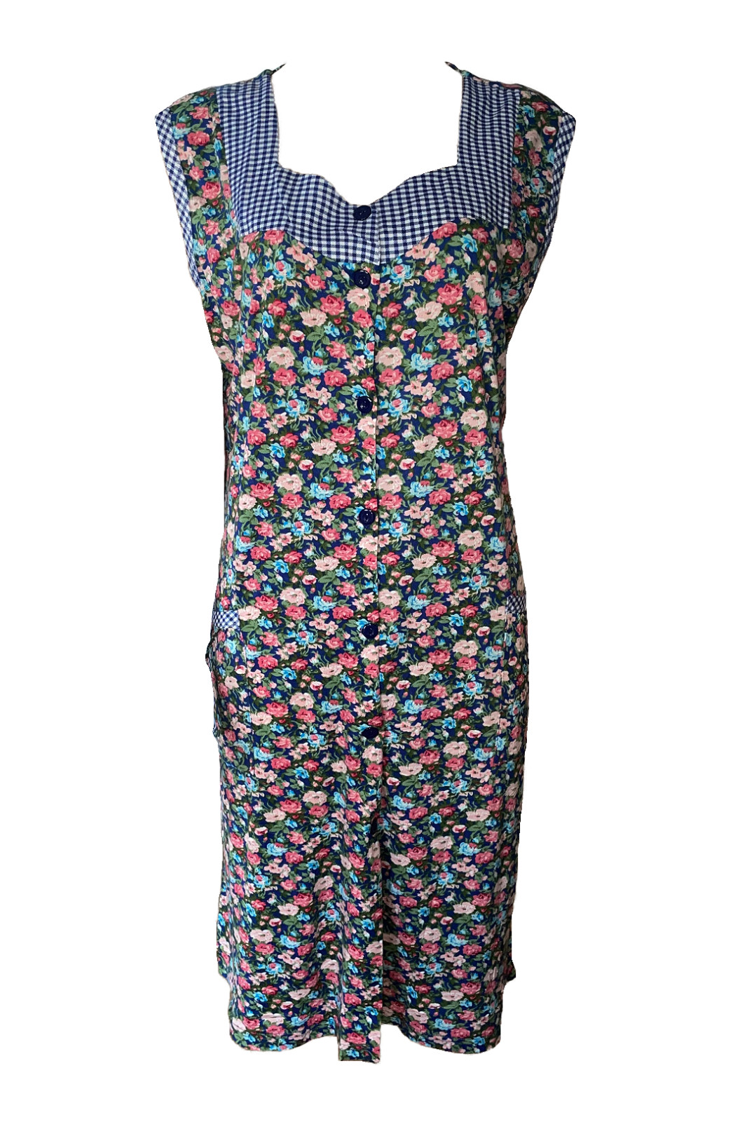 Women’s apron dress house dress short sleeve floral blue green navy size M L XL 2XL 3XL