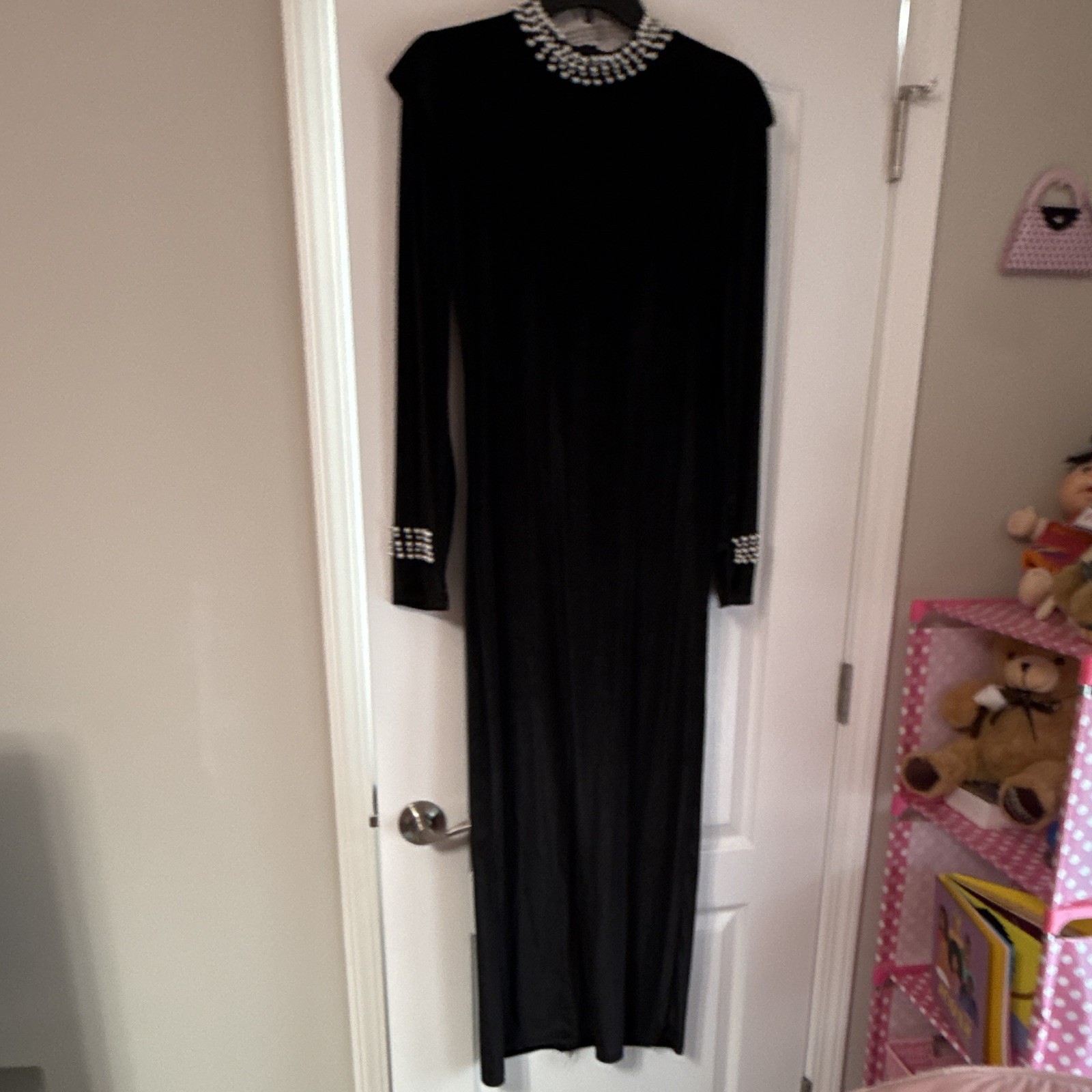 Women’s Black Maxi Dress M Regular Long Sleeve High Neck Rhinestone Trim