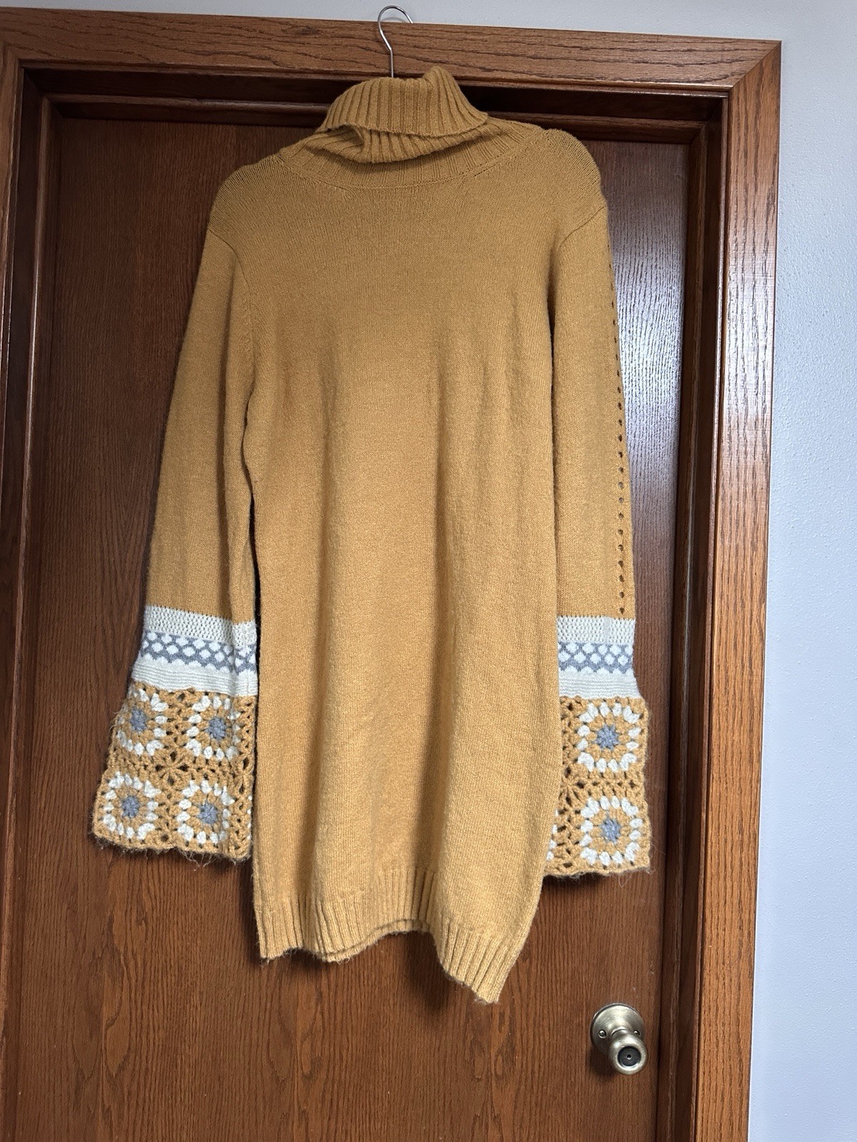 It’s Groovy Mustard Yellow Multi Knit Turtleneck Sweater Dress – Size XL