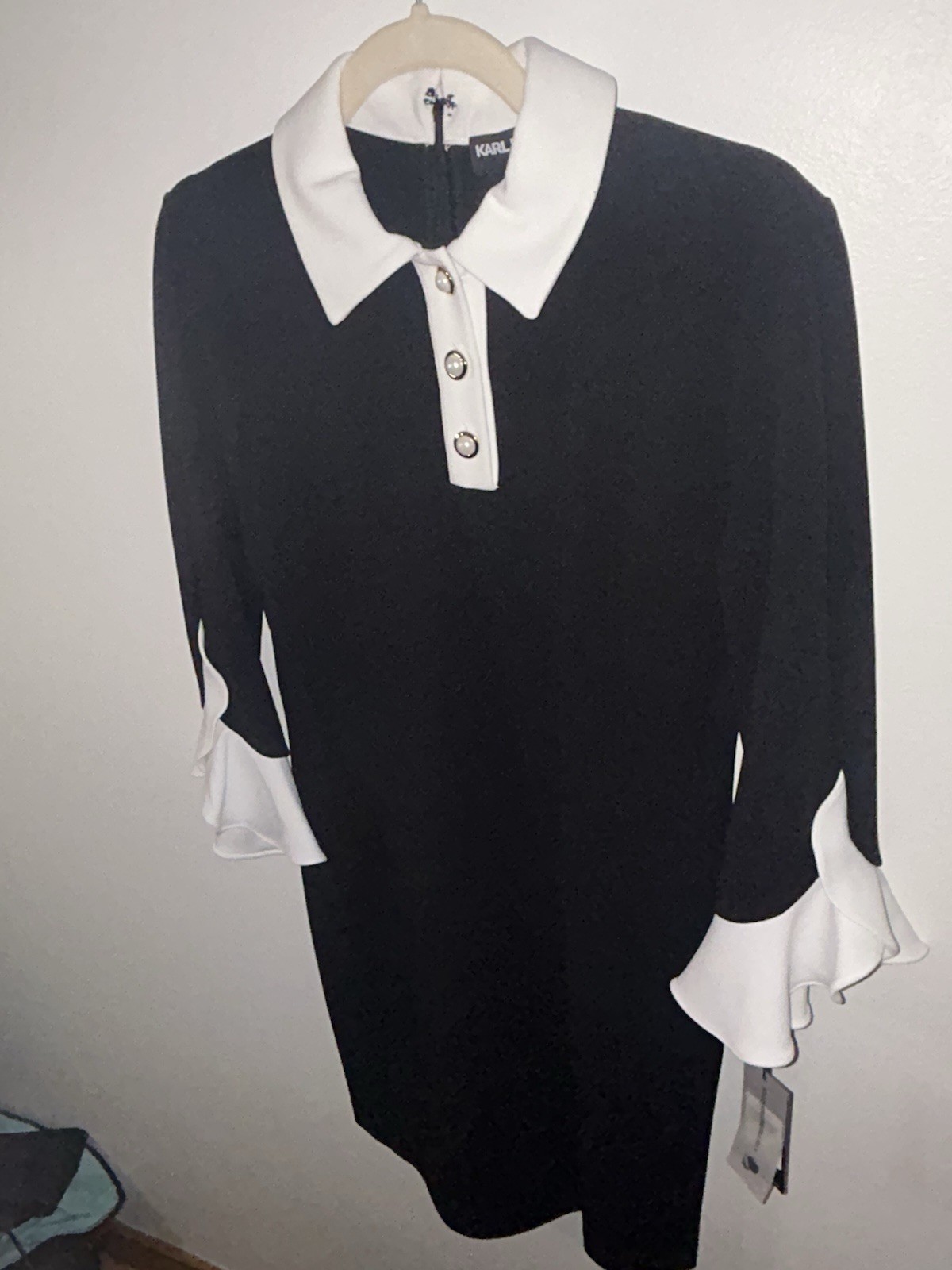 KARL LAGERFELD Collared 3/4 Ruffle Sleeve Peal Button Dress SIZE 4 NWT $128