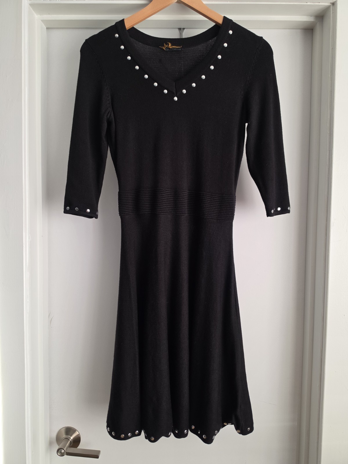 Just Taylor Black V-Neck Sweater Knit Dress Fit & Flare Studded Size Small