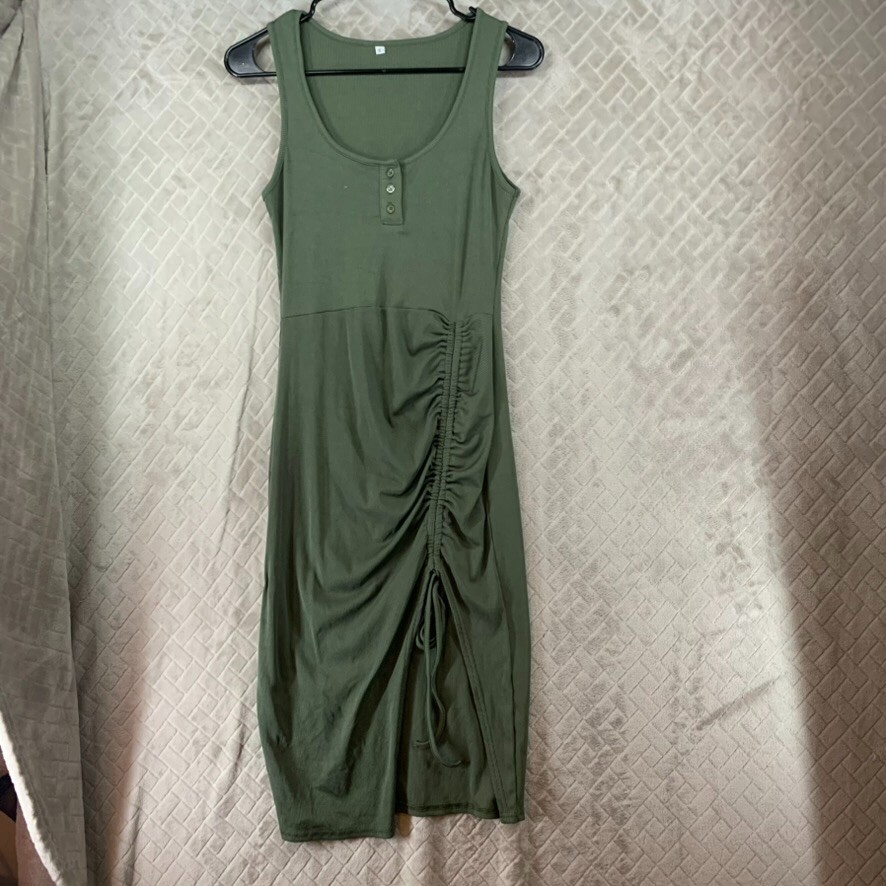Dress Womens Small Army Green Ruched Sleeveless Athletic Material Knee Length