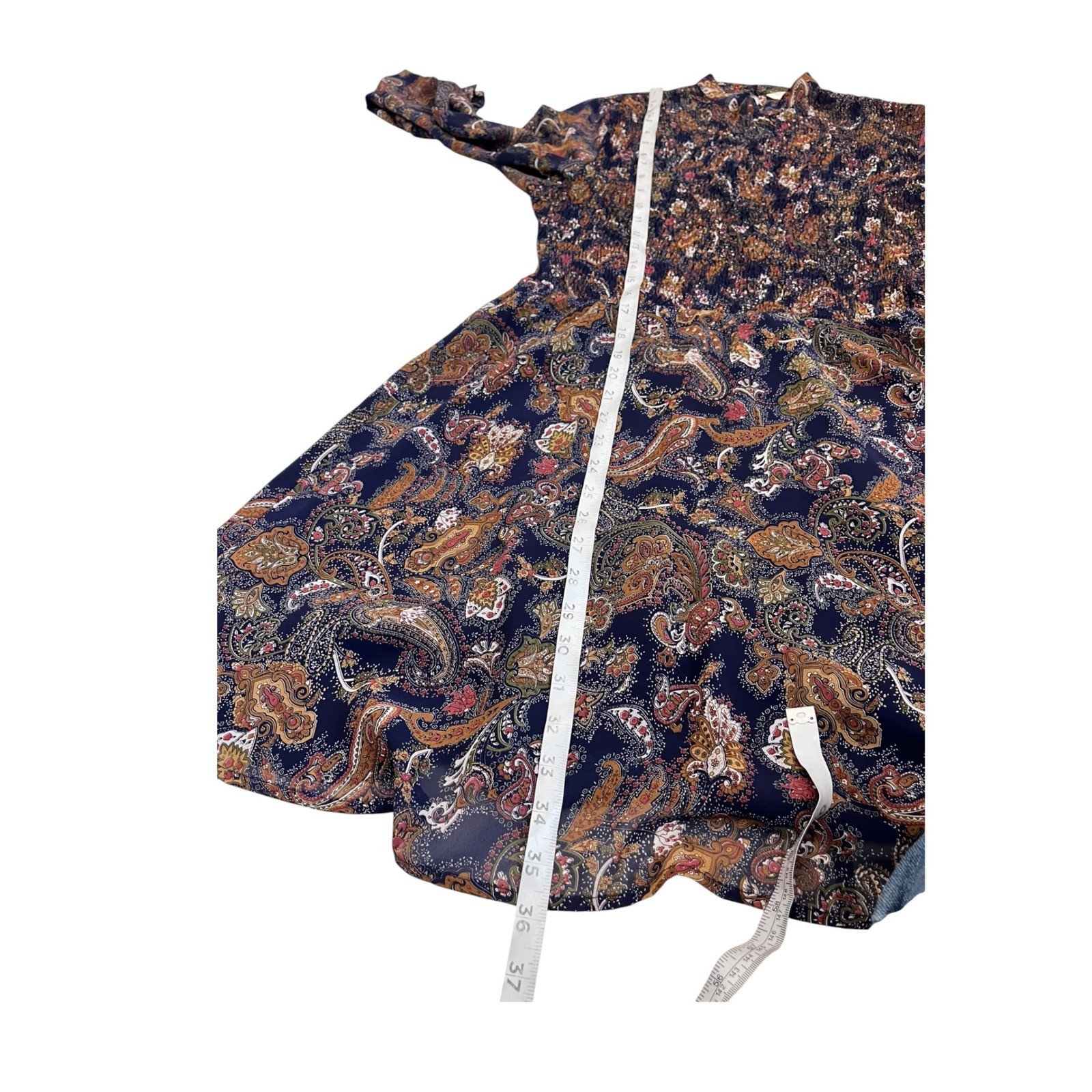 Sun & Shadow Smocked Paisley Long Sleeve Mock Neck Mini Dress