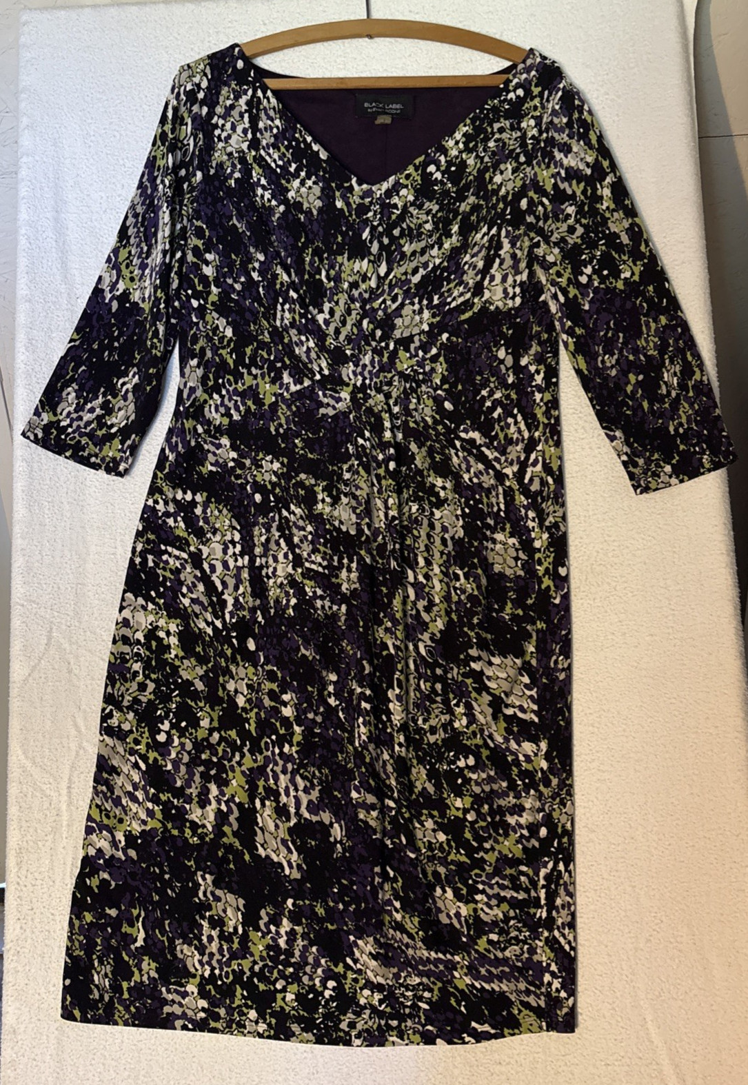 Evan Picone Dress 8 ruched front with 3/4 sleeves Black, Purple, Green, White