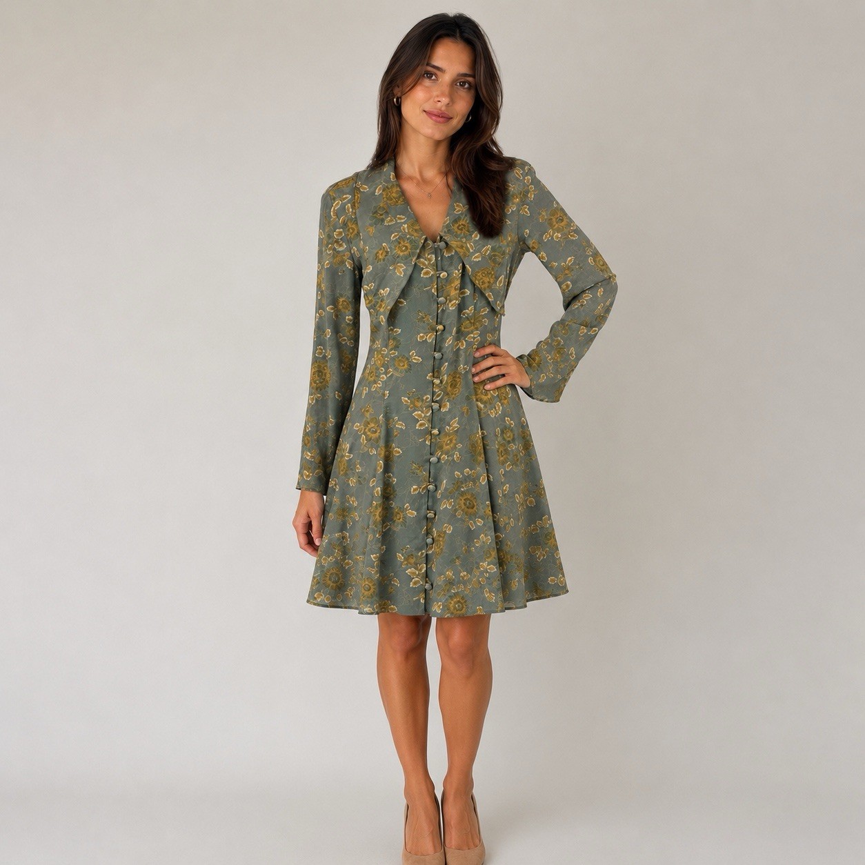 Carole Little Dress 6 Vtg Fit Flare Long Sleeve Green Foral Earthy Cottagecore