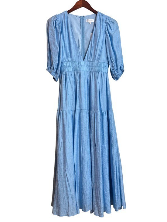 NEW Billy J Erin Tiered Plunge V Neck Midi Dress in Sky Blue Size 8 NWT $110