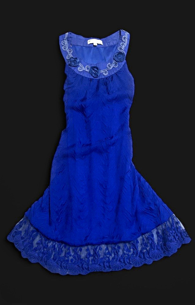 French Vintage Blue Sleeveless Scoop Neck A-Line Midi Dress Embroidered Ruffle.