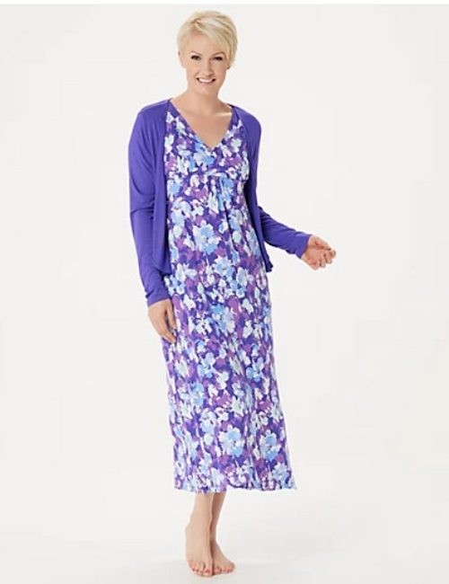 Carole Hochman Brushed Floral Lounge Maxi Dress Set Magenta Pink XS New Cardigan