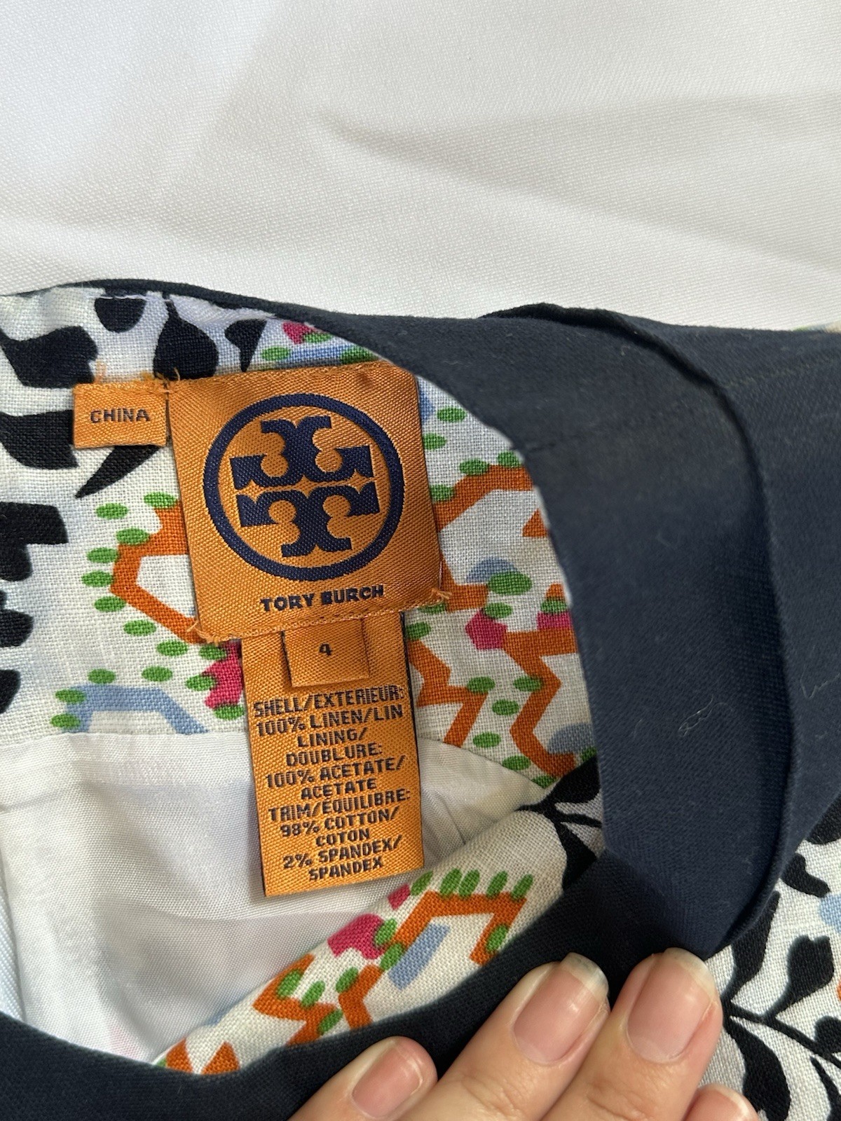 Tory Burch Melanie Printed Linen Shift Dress Navy Orange Floral Size 4 Excellent