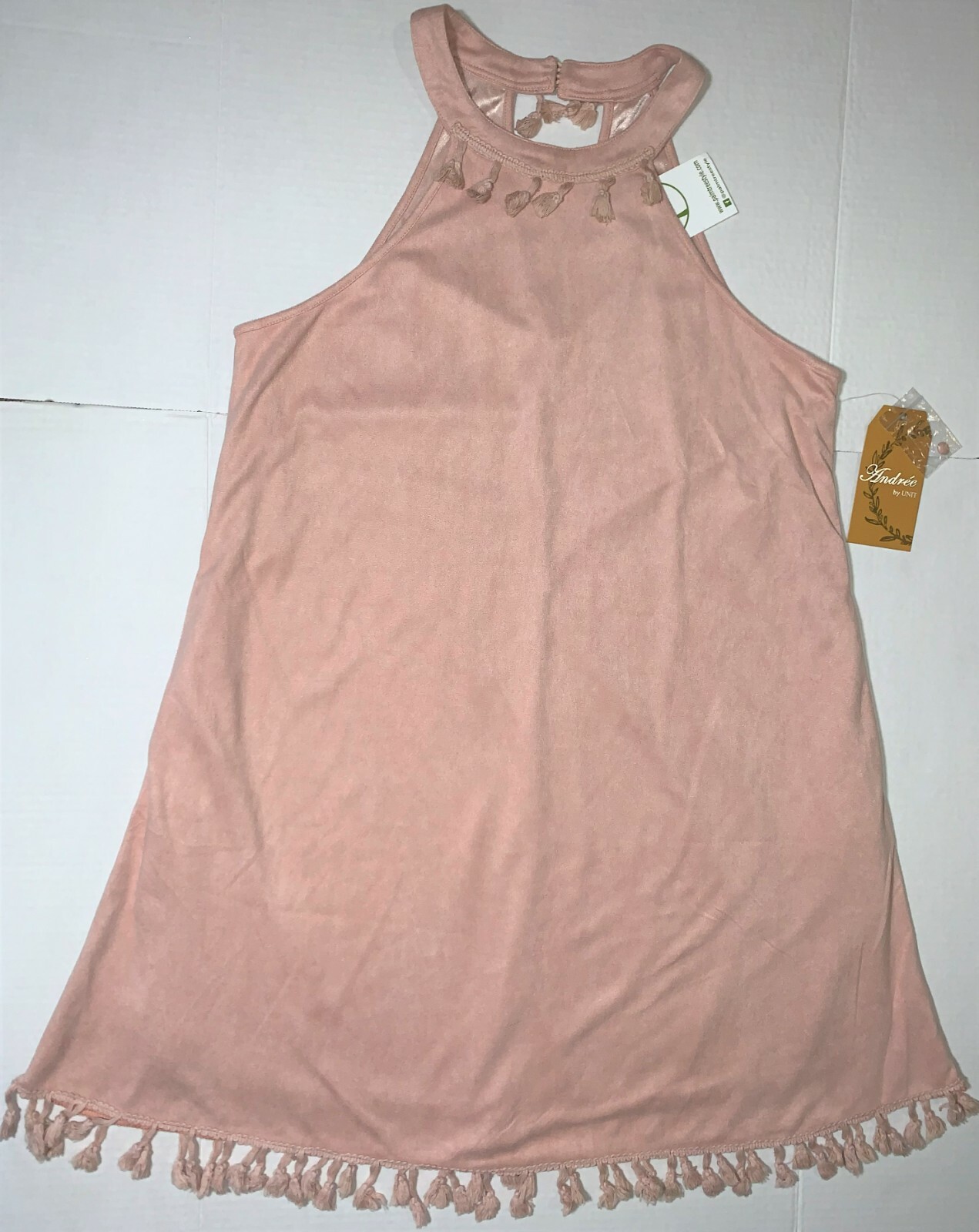 NEW Andree By Unit Pink Sueded Sleeveless Fringe Lined A-Line Dress Women’s S