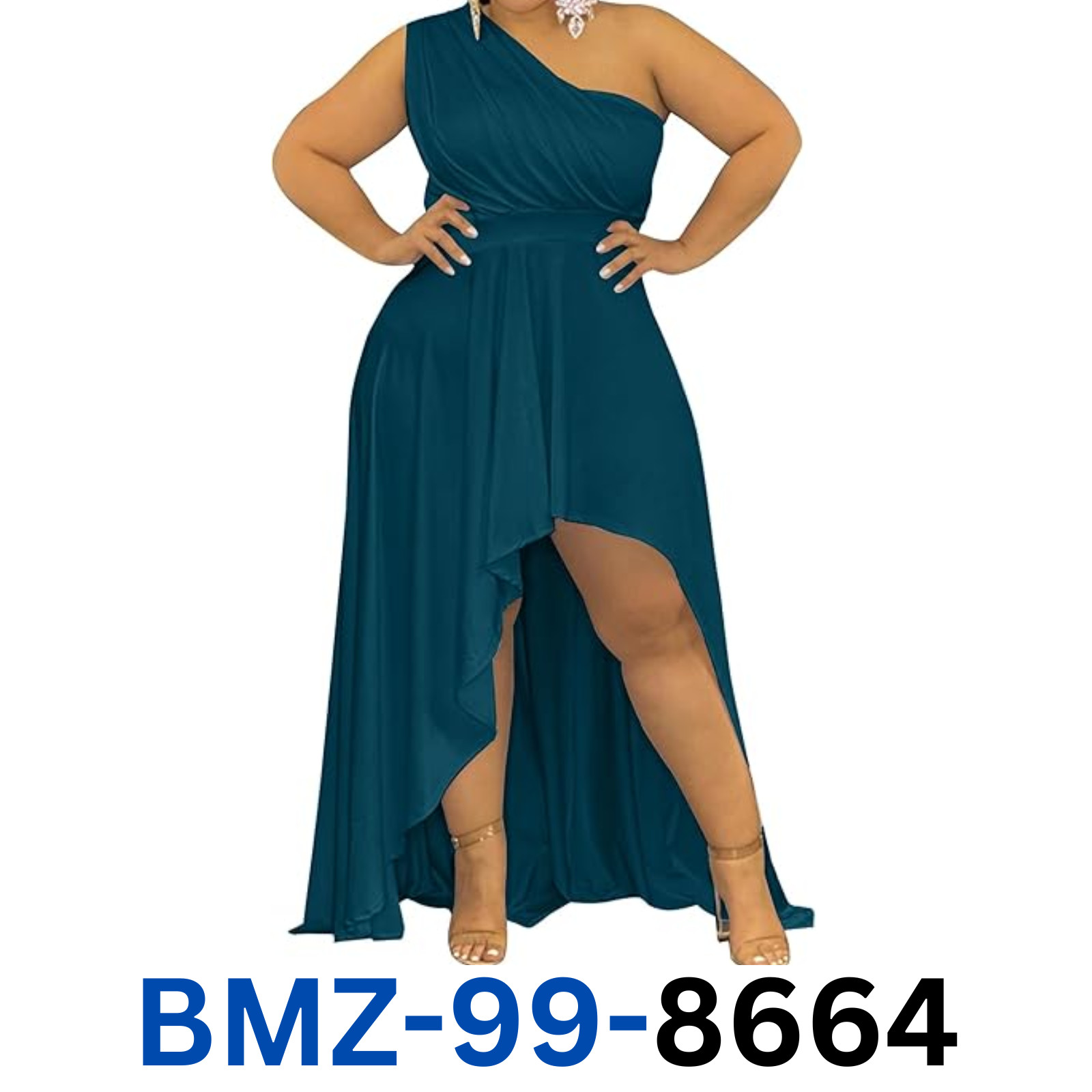 Ekaliy One Shoulder Maxi Dress for Curvy Women Hem Flowy Summer Dress Teal 3XL