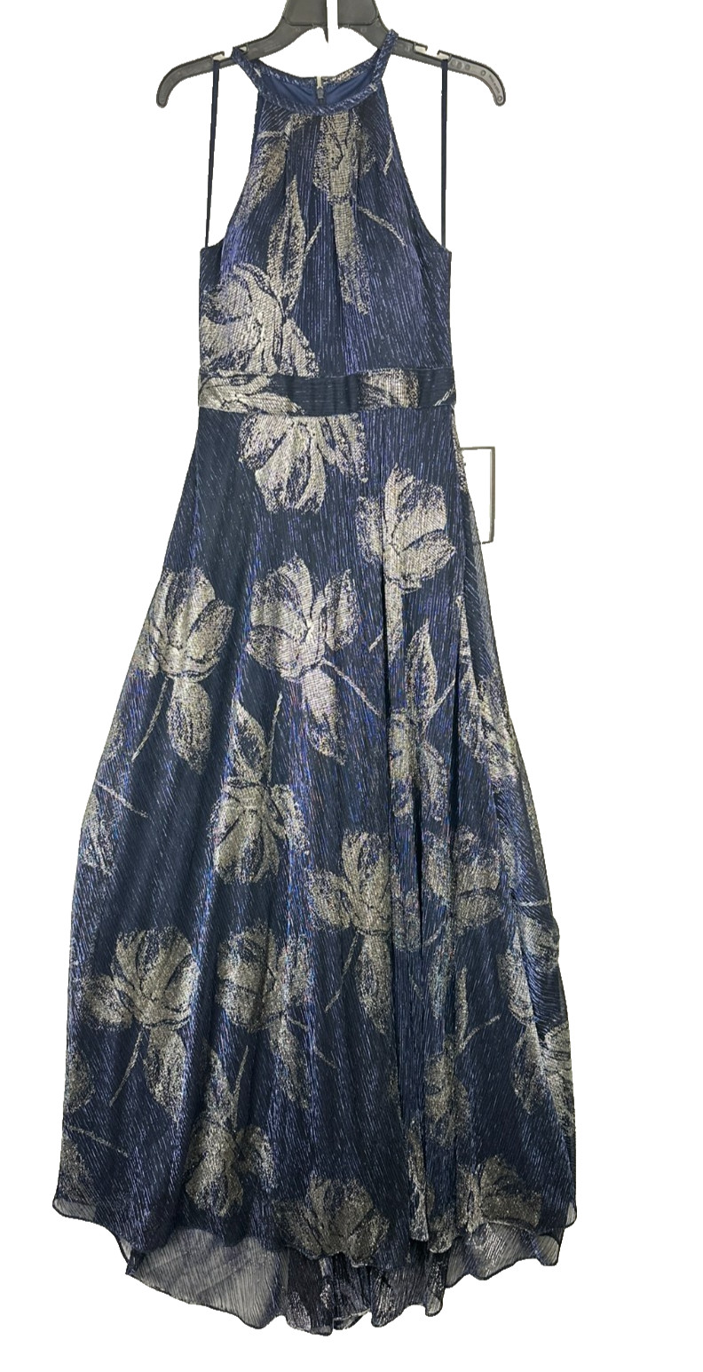Betsy & Adam Metallic Gown Halter Floral Slit Pockets Formal Navy Silver 8 $289
