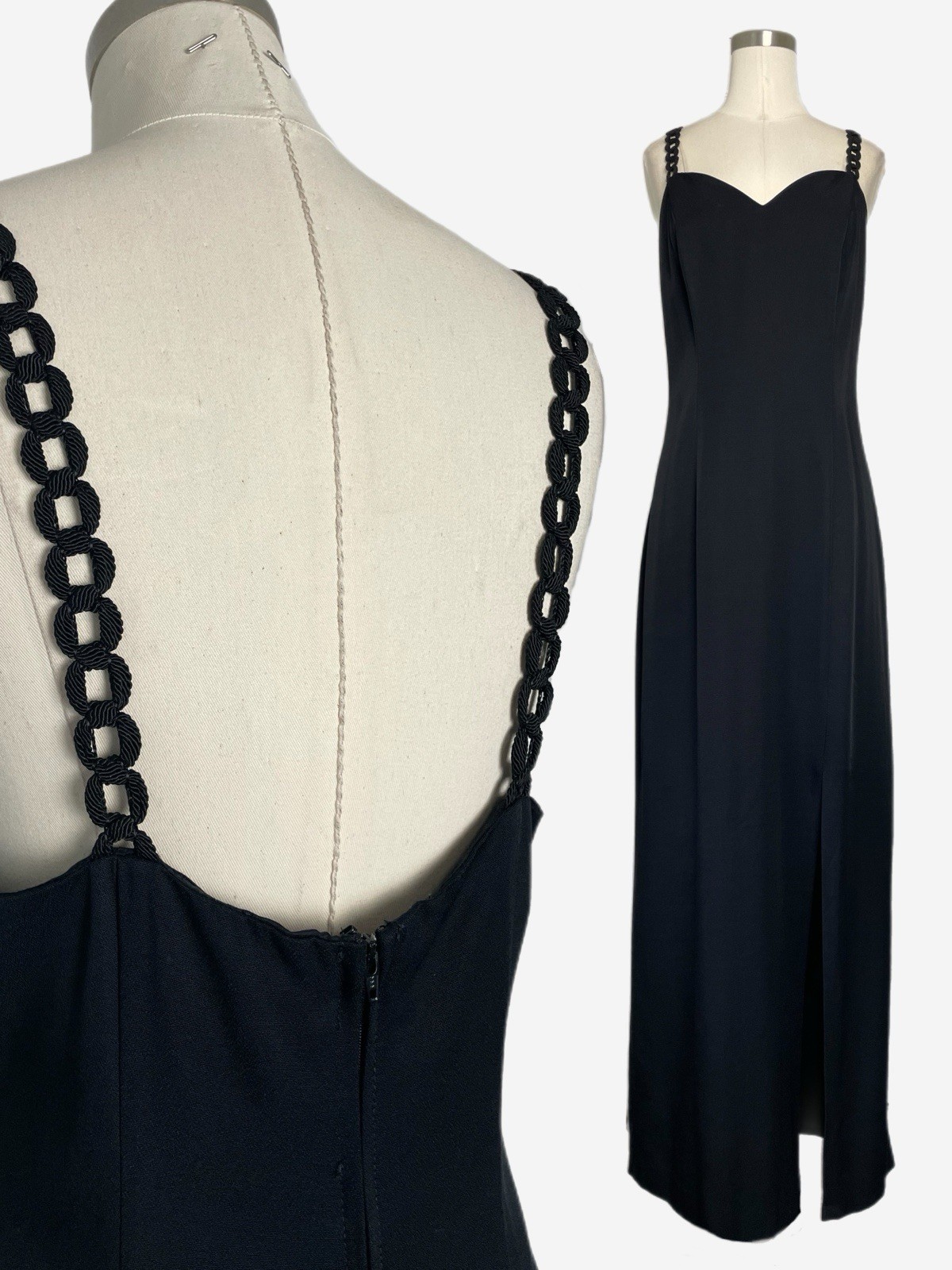 Vintage 90s De Laru Black sweetheart cord buckle strap formal maxi gown simple L