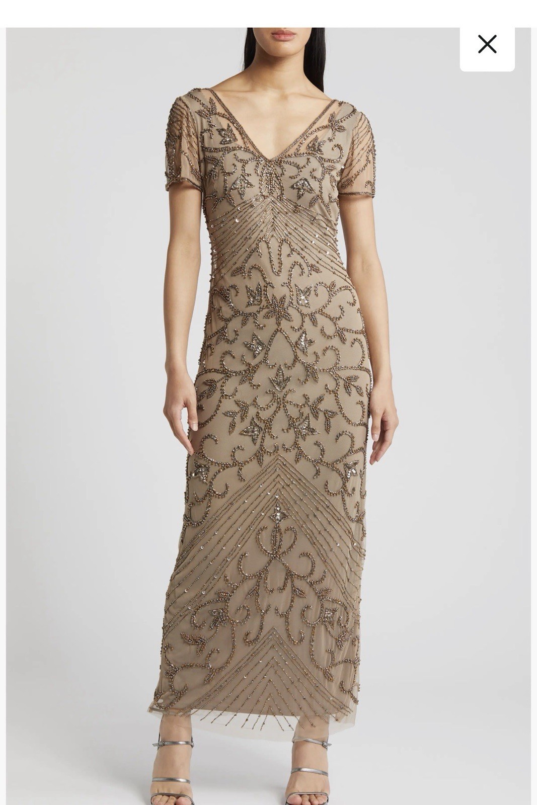 $268 Pisarro Nights Beaded Mesh Column Gown Sequin Column Gown 8 Nude Brown