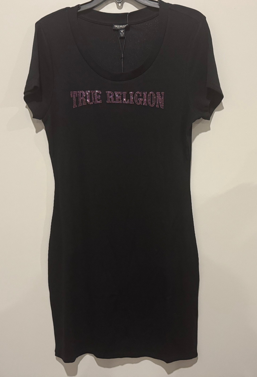 NWT True Religion Women’s Black Arch Rib Short Sleeve Tee Dress Size XL $129
